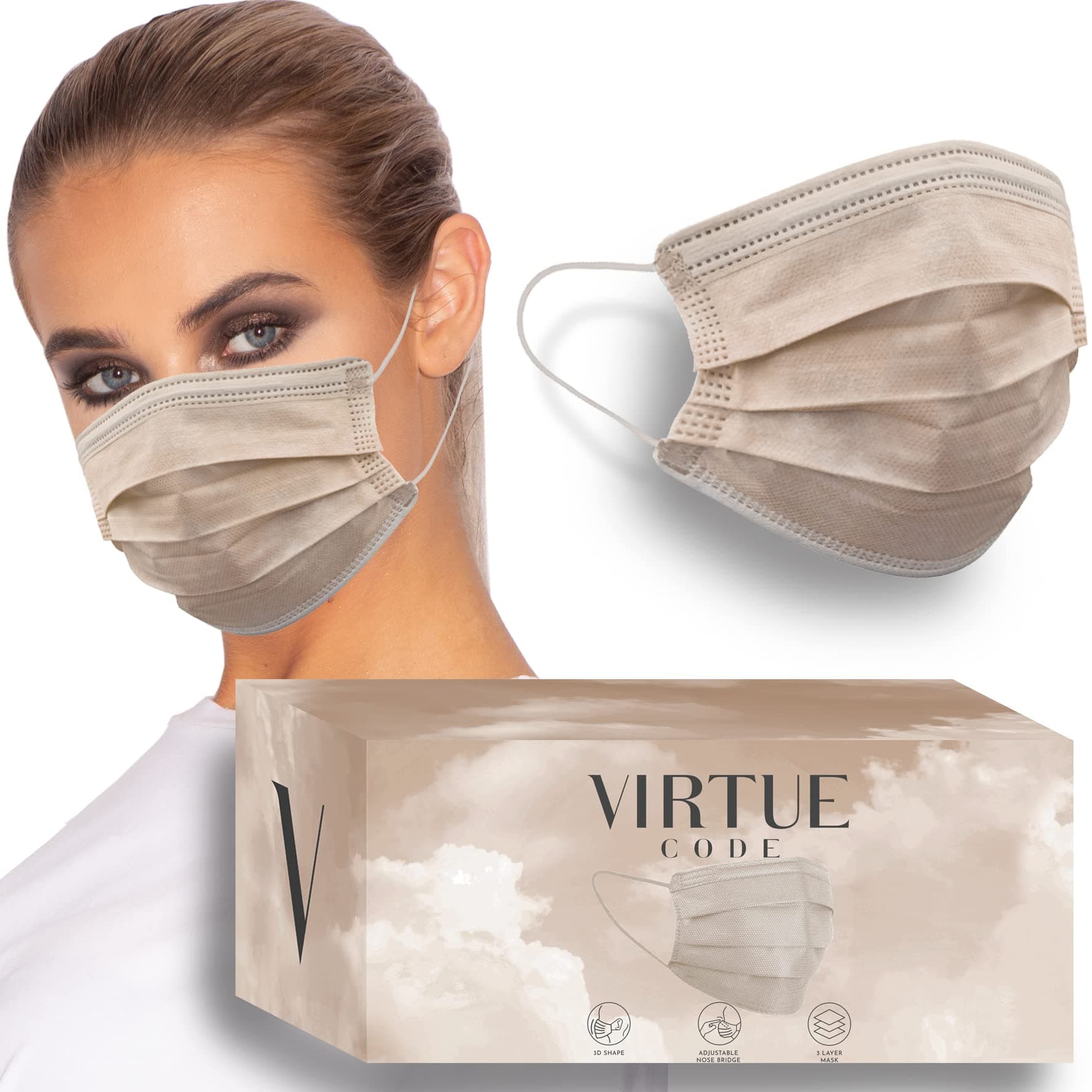 VIRTUE CODE On The Go Curved Face Masks - Soft 3 Ply Comfort 50 Disposable Face Masks