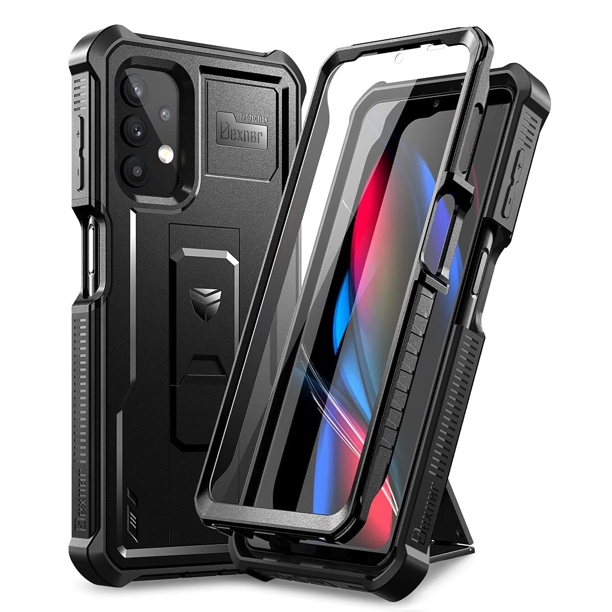 – Dexnor Case for Samsung Galaxy A32 5G with Built-in Screen Protector Military Grade Armour Heavy Duty 360 Full Body Shockproof Bumper Protection Cover with Stand - Black