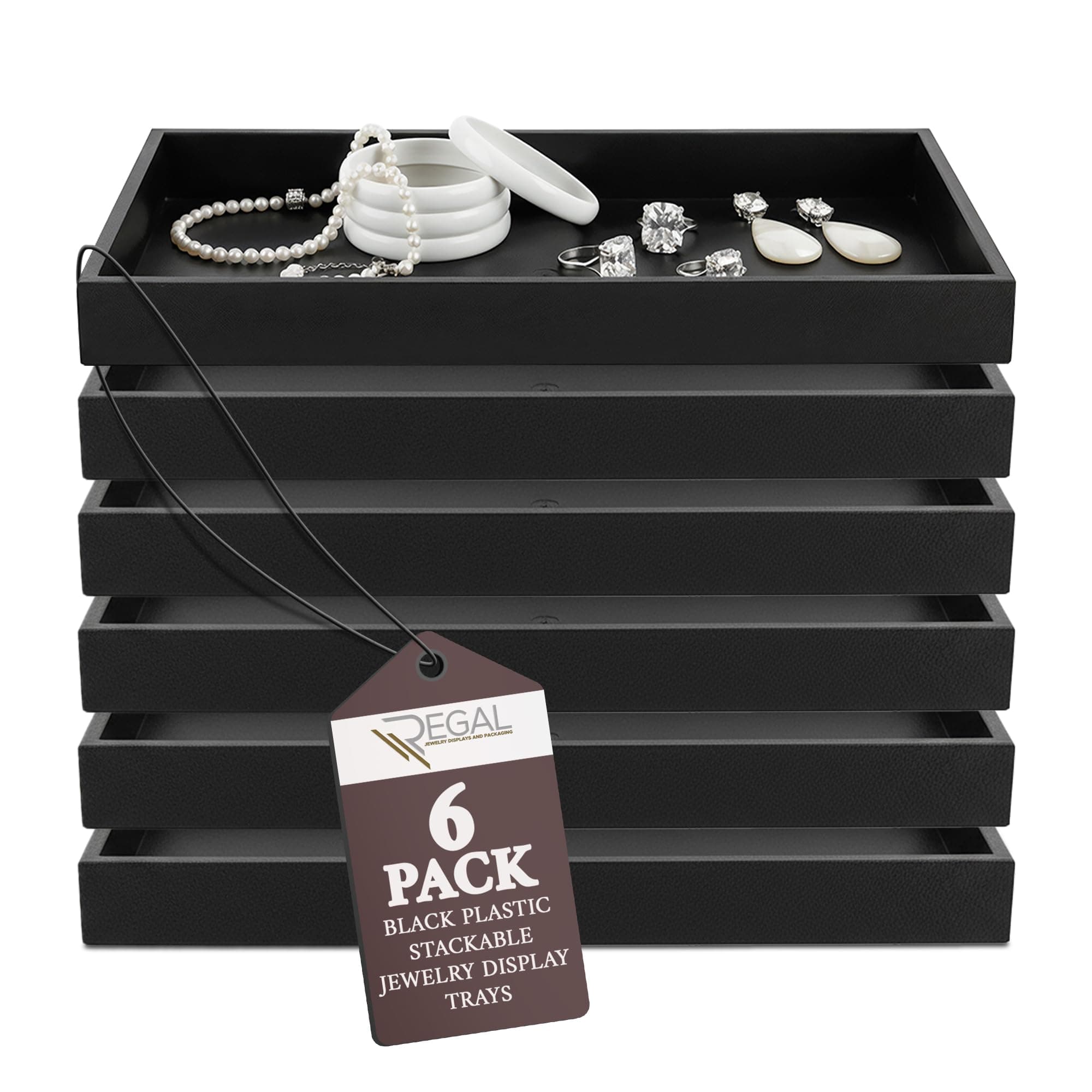 RJ Displays Stackable Jewelry Tray Set, Stackable Plastic Jewelry Organizer Tray, Jewelrys Drawer, Drawers Inserts, Earring Organizer for Women Perfect Trays 14.75x8.25x1 in (Black, 6 Pack)