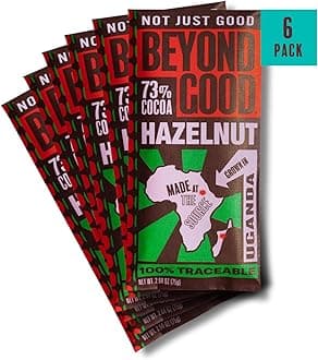 Beyond Good Chocolate Bars | 6 Pack Toasted Hazelnut Chocolate | Gift Box Included | Organic, Direct Trade, Vegan, Kosher, Non-GMO | Single Origin Uganda Dark Chocolate