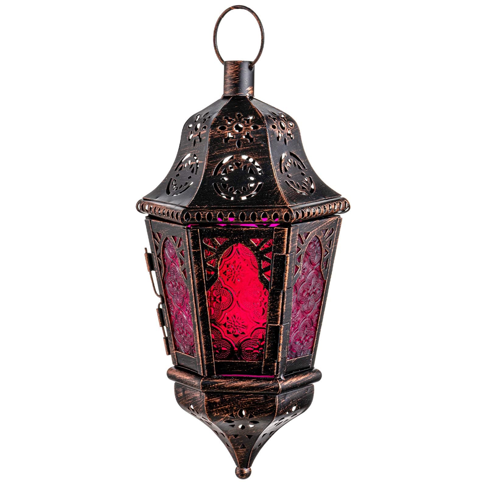 DECORKEY Moroccan Decorations, Lantern Decorative Indoor & Outdoor, 13.6’’ Vintage Decorative Hanging Lantern with Chian for Home Porch Patio Decor, Metal Ramadan Christmas Candle Holders(Plum Red)