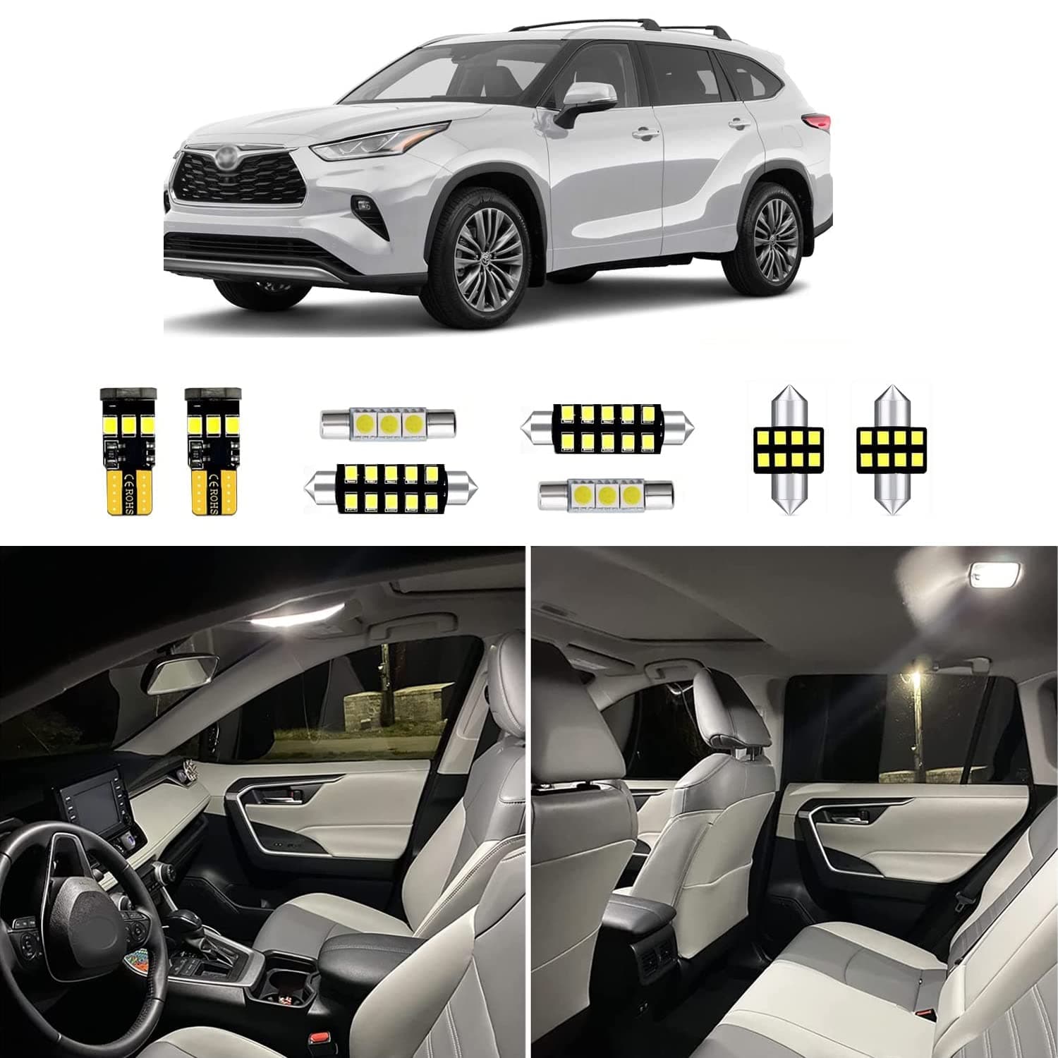 13pcs Highlander Interior LED Lights Replacement for 2014 2015 2016 2017 2018 2019 2020 2021 Toyota Highlander 6000K Super Bright White interior LED bulbs replacement package + Installation Tool