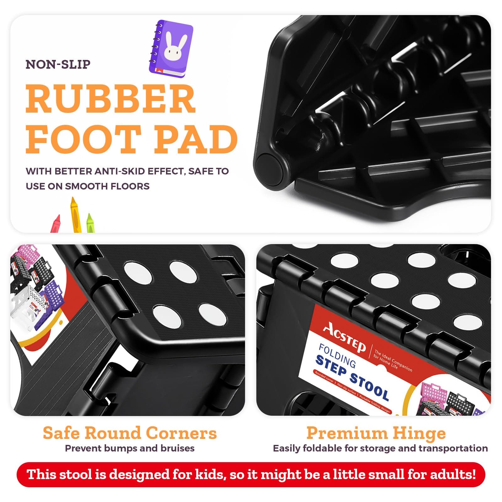 ACSTEP Folding Step Stool Foldable Stool 7.5 Inch Height Kids Step Stool, 300 lb Capacity Plastic Collapsible Stool, Stepping Stool with Handle Black Small Step Stool, Foot Stool Suitable for Kitchen