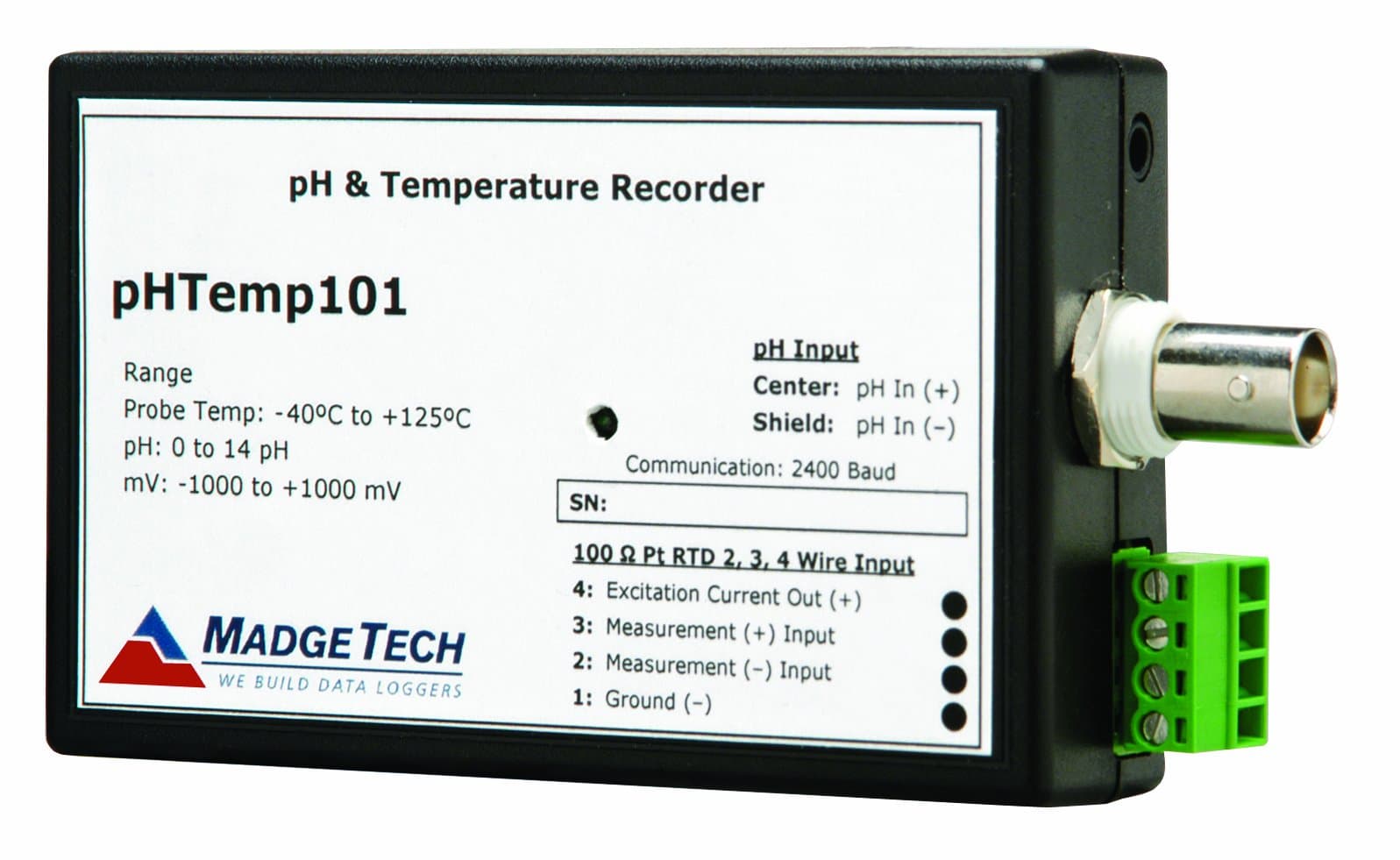 MadgeTech pHTemp101 pH and Temperature Data Logger with BNC Connectors, Battery Powered, -200C to +850C Temperature Range