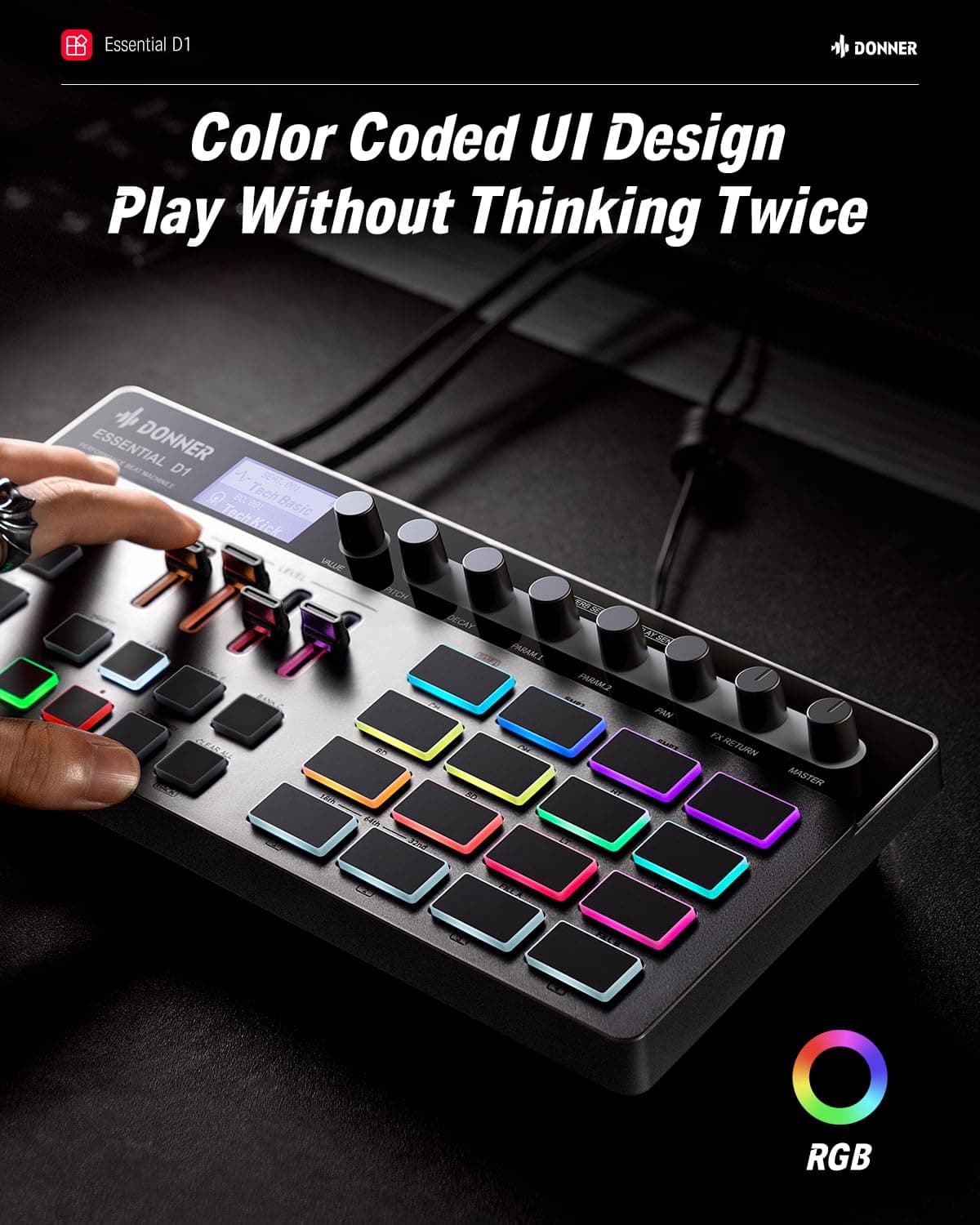 Donner Essential D1 Finger Drum Machine & Step Sequence Combined, Boast Color-Coded UI, 12 Tracks Sample, 16 RGB Beat Pads, 64 Preset Beat Patterns, 5 Endless Encoders, Reverb & Delay Effects