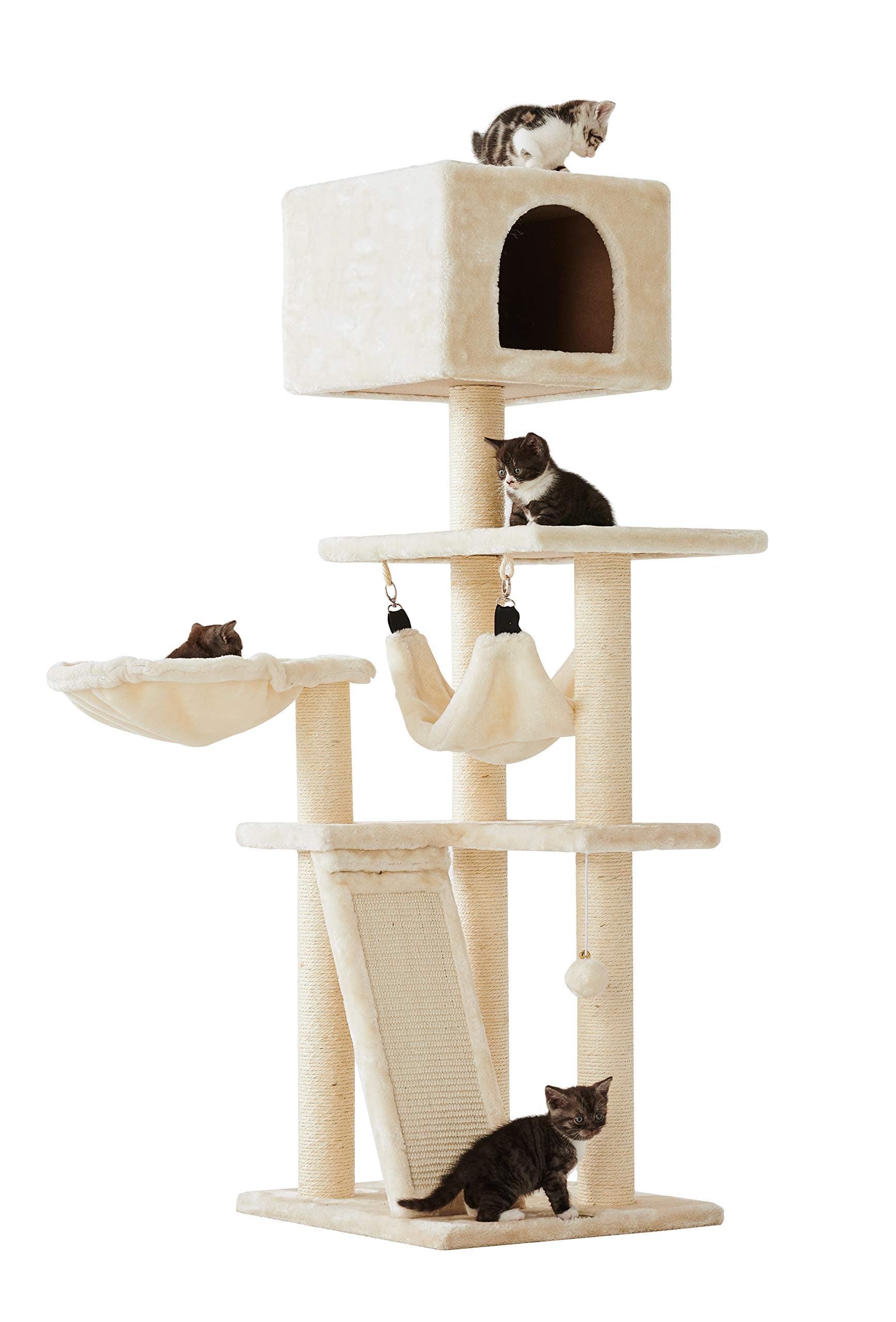 52”Multi-Level Cat Tree with Sisal-Covered Scratcher,Hammock, Basket,Condo and Activity Center (Cream)