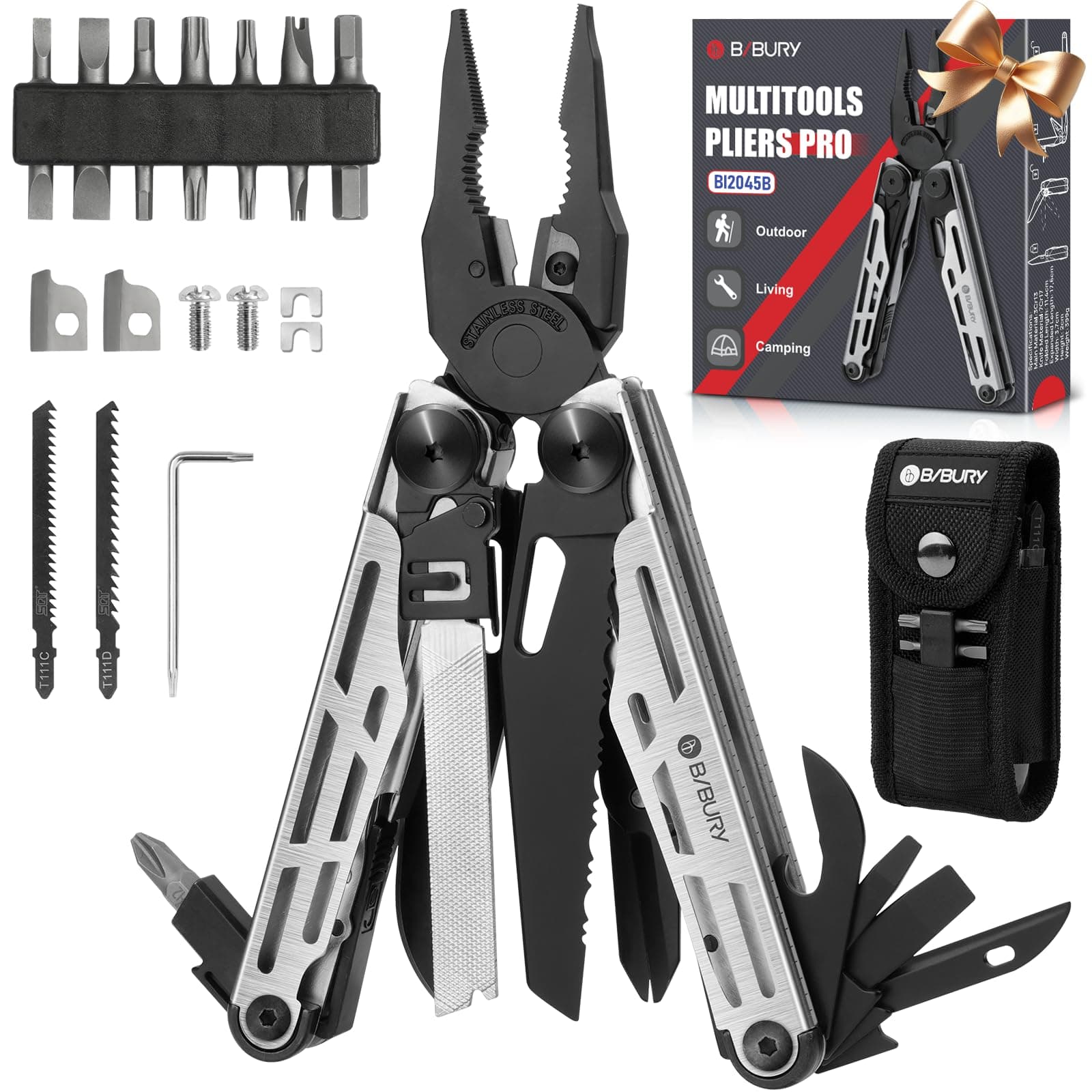 BIBURY Multitool Pliers Pro BI2045, Foldable Multitools with Replaceable Wire Cutters and Saw, Stainless Steel Multi Tool w/Upgraded Scissors and Screwdriver Set, Ideal for Camping, Hiking, Survival