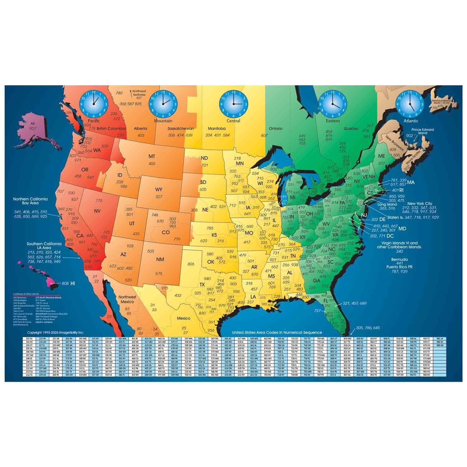 ImageAbility North America Laminated Gloss Time Zone Area Code Map with Reverse Lookup, Desk Size 11 by 17 Inches
