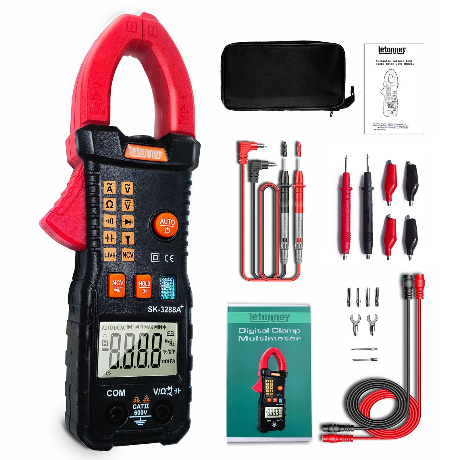 LETONNEY Digital Clamp Meter,True RMS 6000 Counts Multimeter, AC/DC Voltage Tester Auto Ranging Measures with NCV, Resistance, Capacitance, Continuity, Diodes, AC Current, 600A Amp Meter