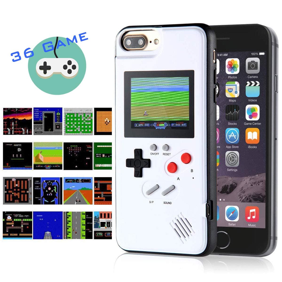Gameboy iPhone Case Handheld Game Console Case Protective Cover, Gameboy Phone Case for iPhone 6/6s/7/8 Plus X XR XS Max with 36 Classic Retro Games (White, iPhone 6/6s/7/8)