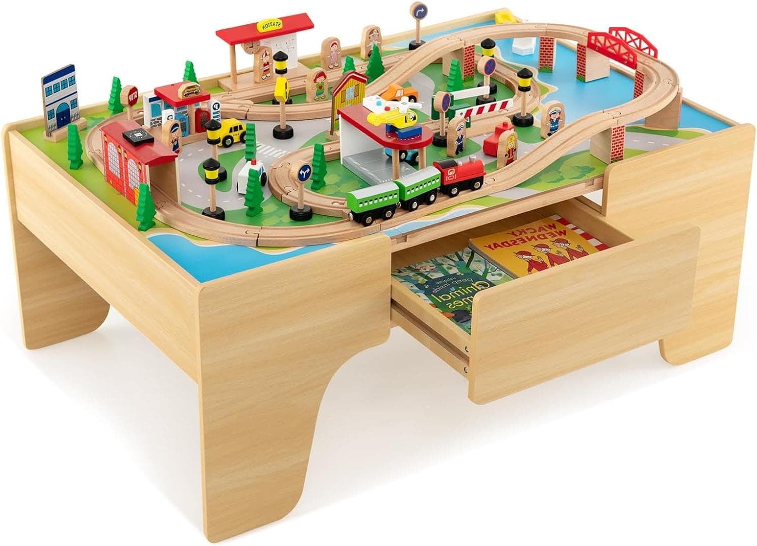 Costzon Train Table, 3-in-1 Wooden Train Set Table w/Reversible 84 PCS Track Train Toys, Table Map & Storage Drawer for Building, Playing, Studying, Kids Activity Table for Toddlers Aged 18 M+