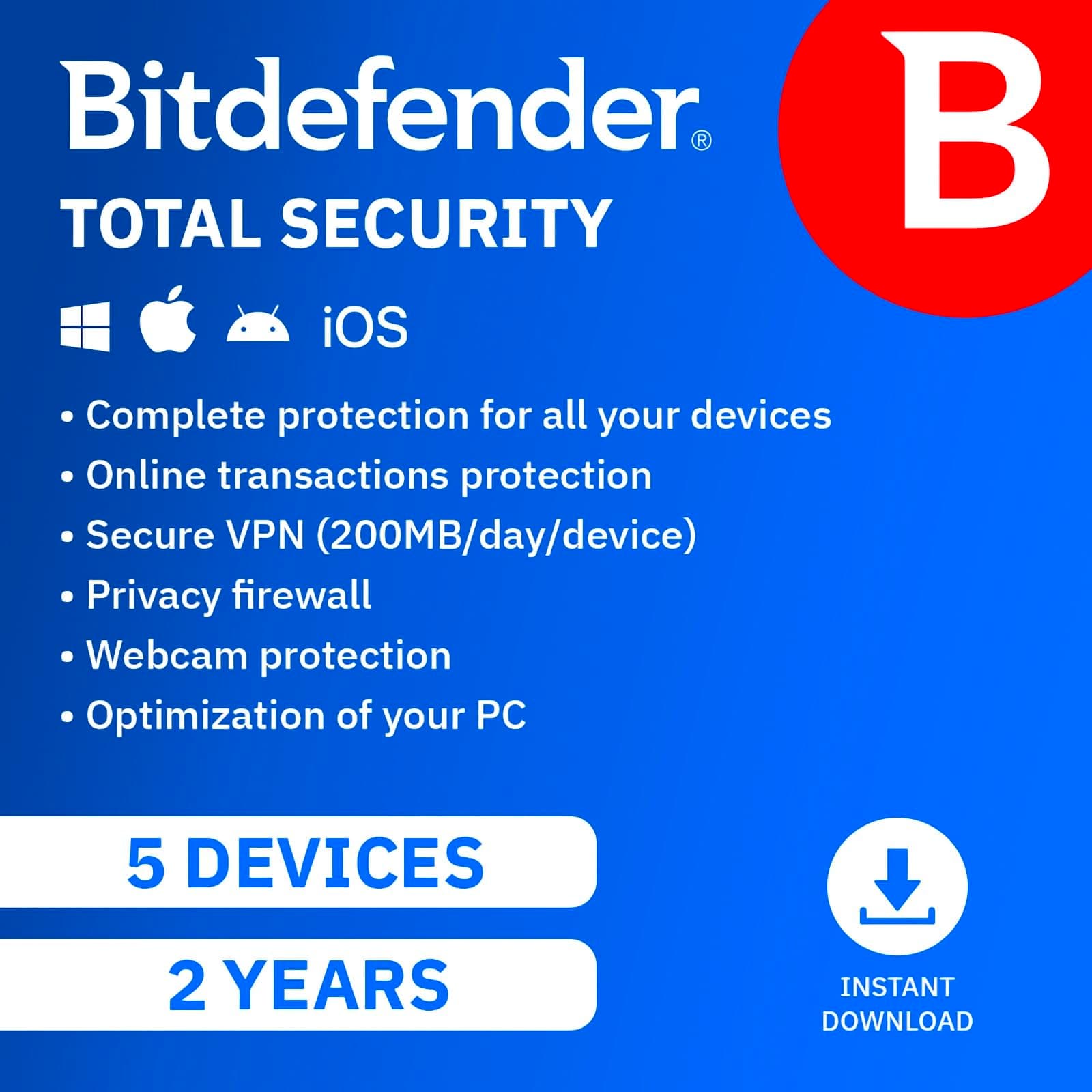Bitdefender Total Security - 5 Devices | 2 year Subscription | PC/Mac | Activation Code by email