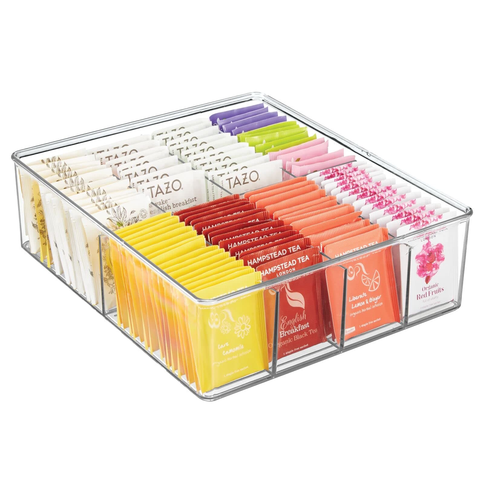 Plastic Extra Wide Food Storage Organizer Bin Caddy For Kitchen, Pantry, Cabinet, Countertop - Holds Baking Supplies, Spices, Pouches, Dressing Mixes, Tea, Sugar Packets - 8 Sections - Clear