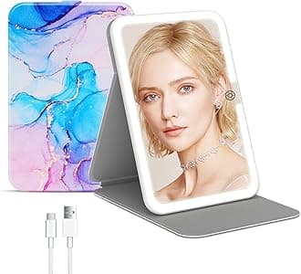 Rechargeable Travel Lighted Makeup Mirror with PU Leather Cover, Portable Travel Makeup Mirror with Lights, 3 Color Lighting,Touch Sensor Dimmable, Light Up Tabletop Folding Cosmetic Mirror Colorful