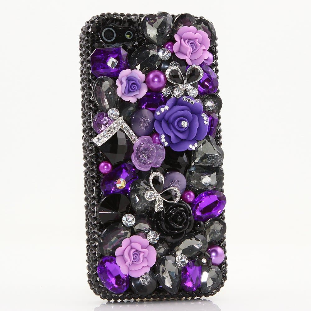 iPhone 6S Plus Bling Case, iPhone 6 Plus Case - LUXADDICTION [Premium Quality] 3D Handmade Crystallized Bling Case Easy Grip Crystals Diamond Sparkle Black and Purple Flowers with Butterflies Cover