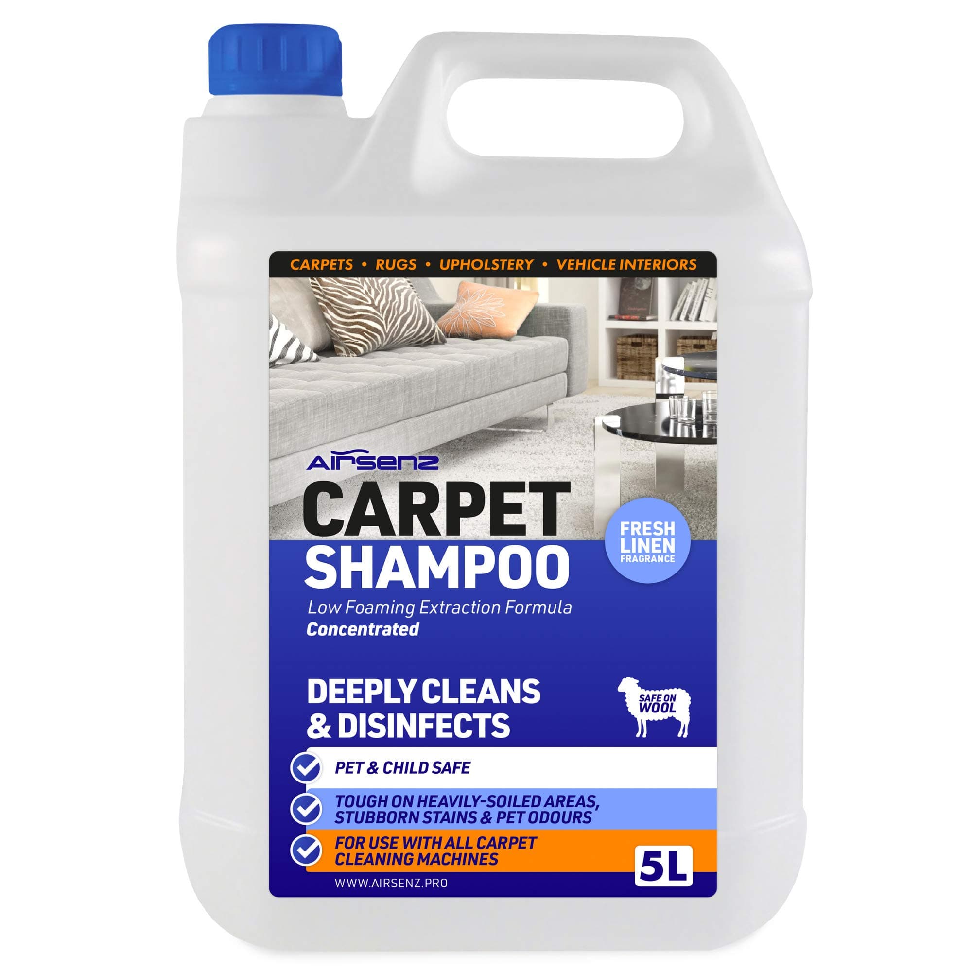 Professional Carpet Shampoo - Low Foaming Extraction Formula Suitable For All Carpet Cleaning Machines (Fresh Linen, 5L)