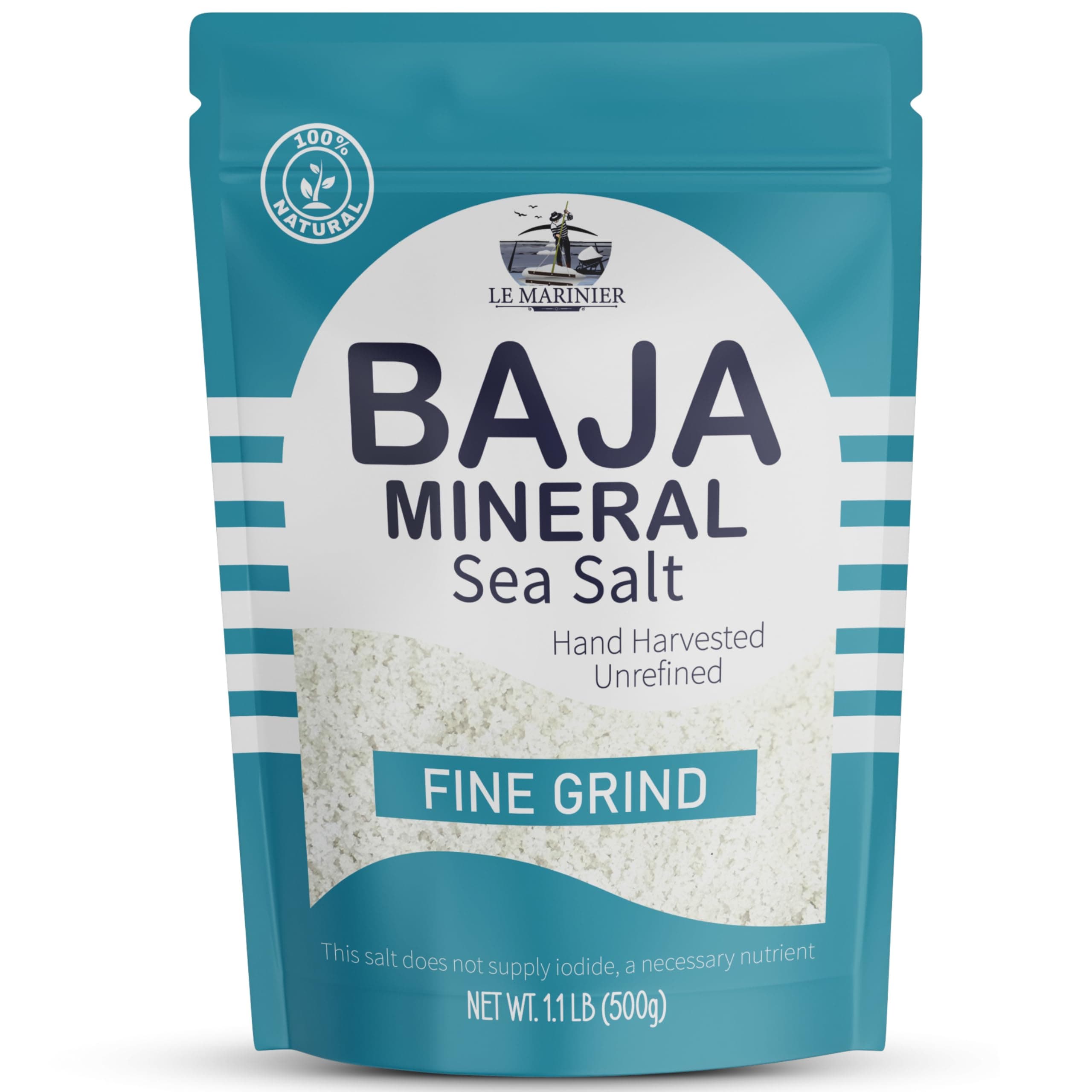 Le Marinier Baja Mineral Sea Salt Fine Grind, 1.1lb - 18oz | 100% Natural and Unrefined | Authentic Baja Sea Salt, Mineral Rich, Hand Harvested (1.1lb Fine Grind Baja Salt)