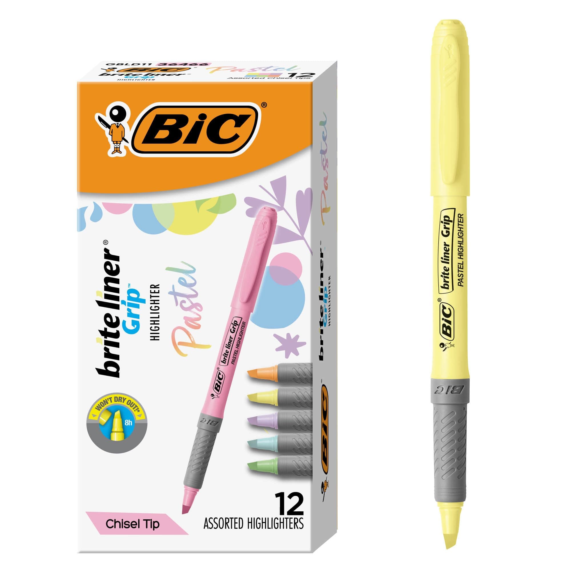 BIC Brite Liner Grip Pastel Highlighter Set, Chisel Tip, 12-Count Pack of Pastel Highlighters in Assorted Colors, Cute Highlighters for Bullet Journaling, Note Taking and More
