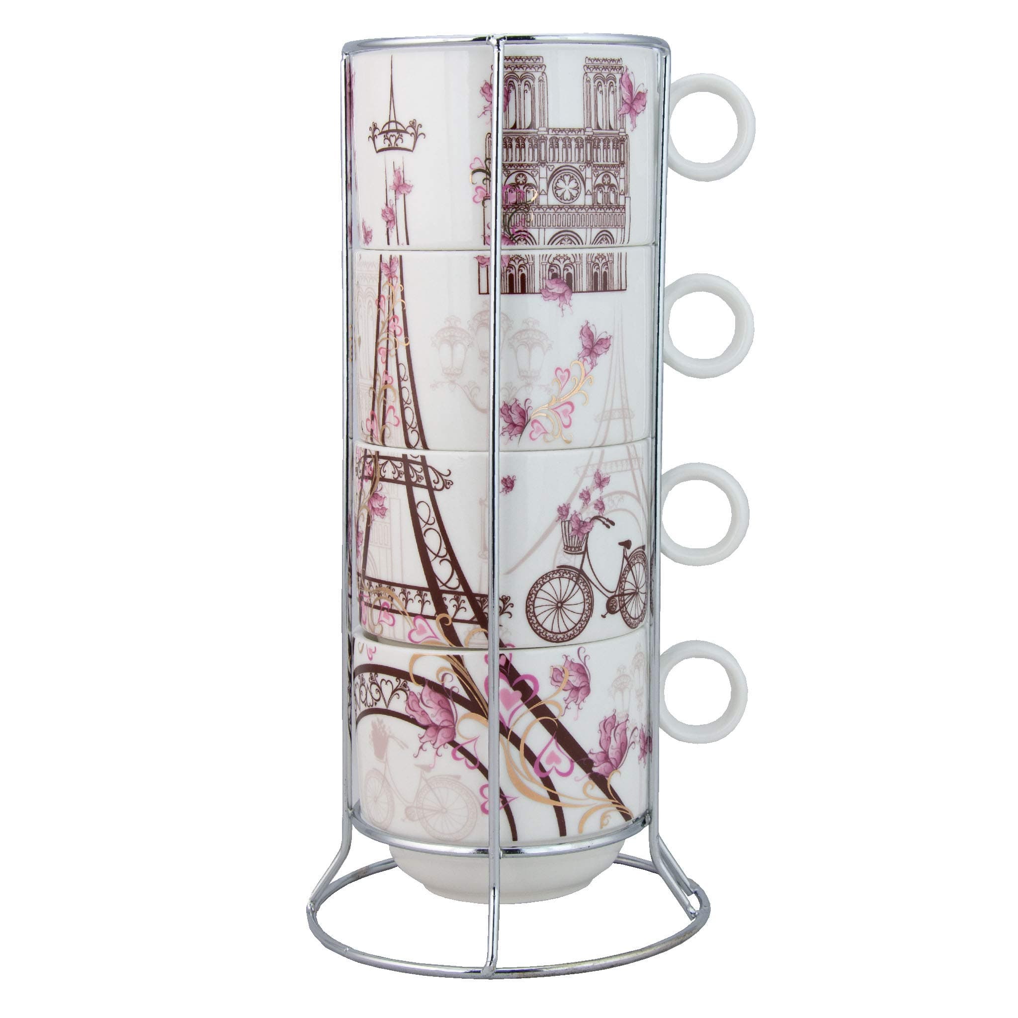Grace Teaware Stackable Coffee Tea Mug 10-Ounce Set of 4 With Metal Stand (Paris)