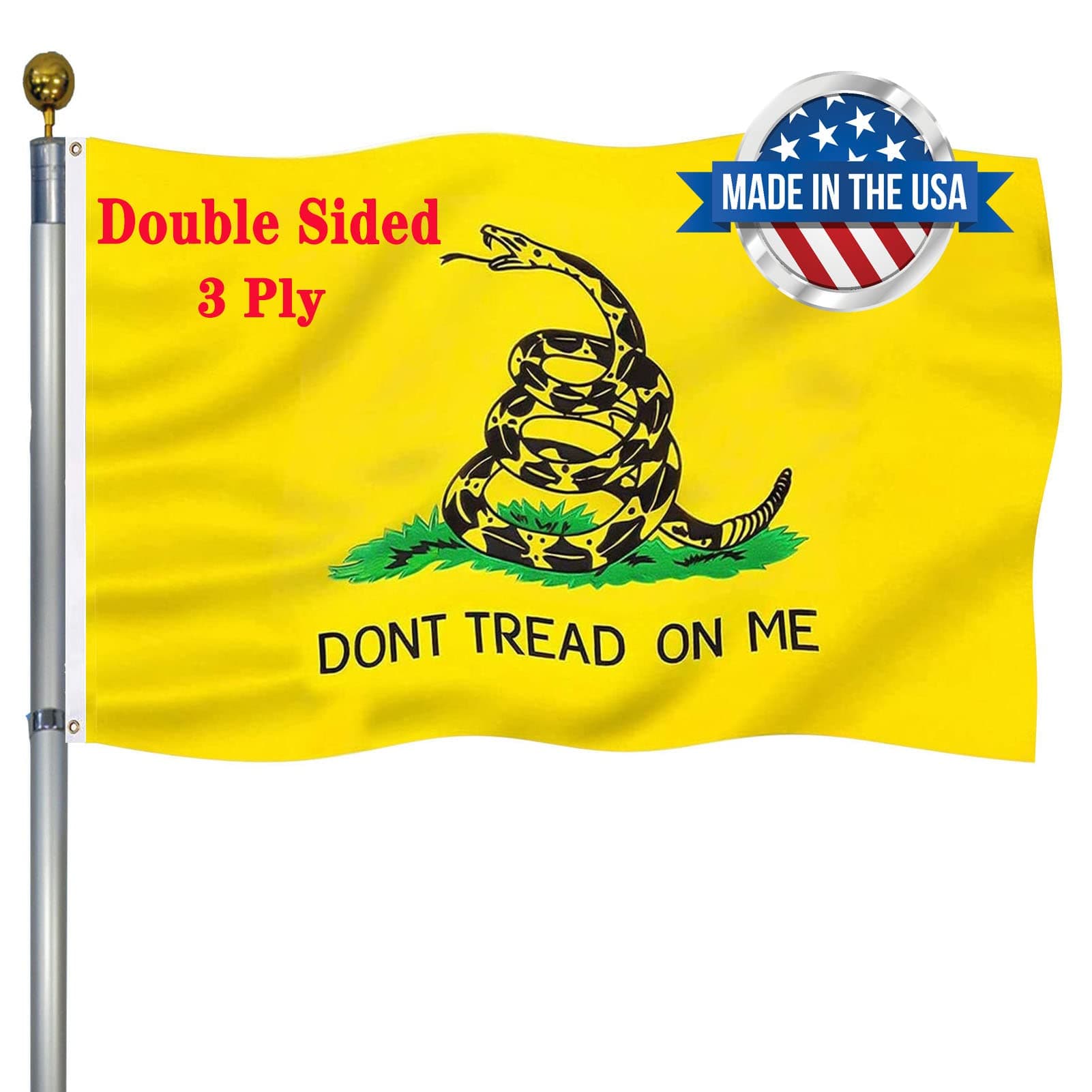Don’t Tread on Me Flag 3x5 Outdoor Double Sided- US United States Gadsden Libertarian Flags-Heavy Duty 3 Ply Vivid Colors Double Stitched with Brass Grommets for Outdoor Indoor Truck