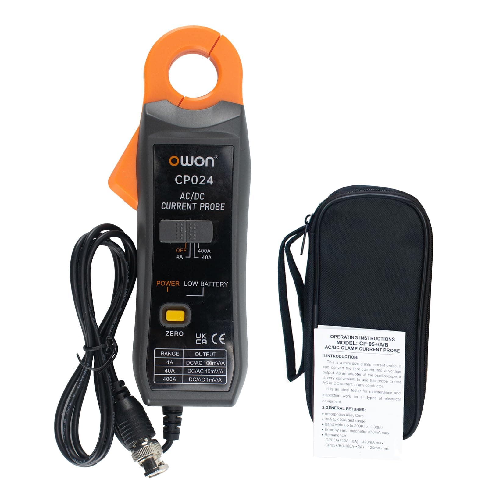 CP024 AC/DC Current Clamp Probe for Oscilloscope, Current Tester Clamp Meter 200KHz Bandwidth 1mV/10mA 400A Relative Zero Correction with BNC Type Connector