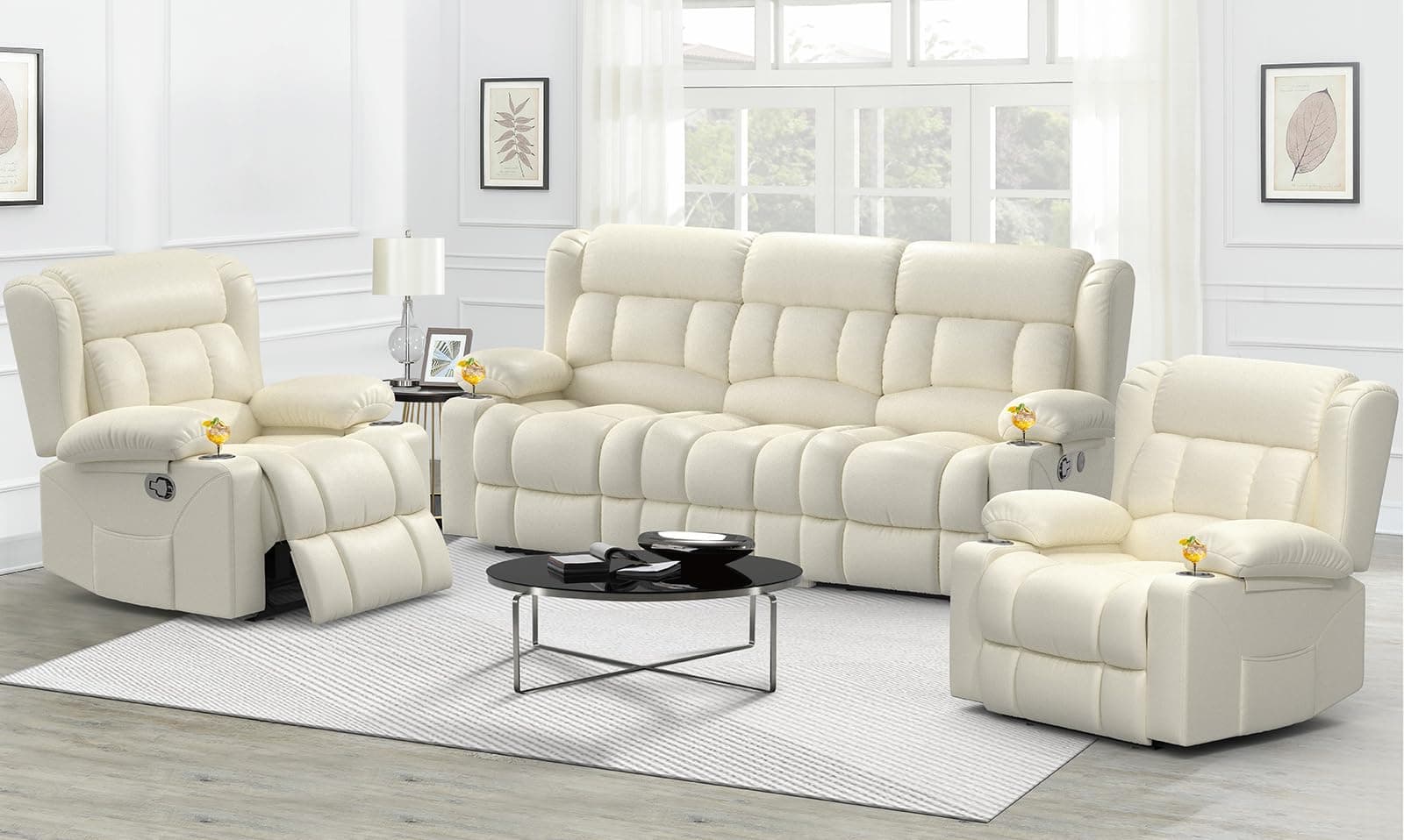 Recliner Sofa Set, Flip Middle Backrest Design PU Leather 3 Seater Reclining Sofa and 2PC Single Recliner Chair, Manual Couches for Living Room (Ivory, PU 3+1+1)