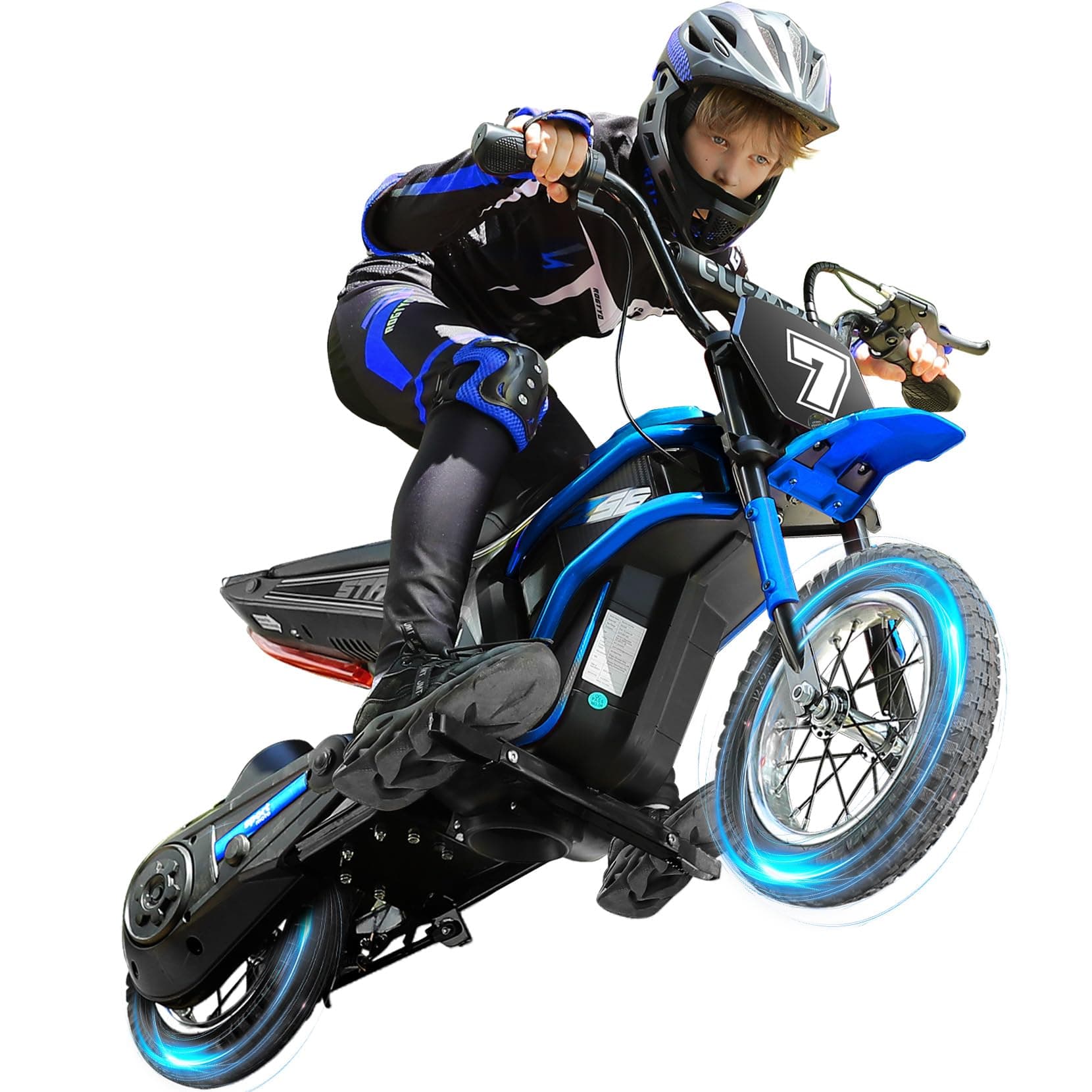 ELEMARA Electric Dirt Bike, 24V Ride on Toys for Big Kids, 350W Kids Motorcycle with Music & Bluetooth, 15.5 mph & 150lb Max, Twist-Grip Throttle & Hand-Operated Rear Brake, 12" Air-Filled Tires-Blue