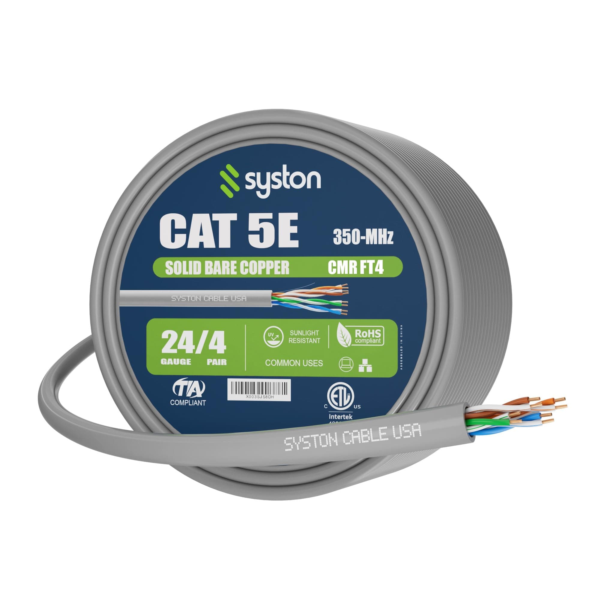 Syston Cable Technology Cat 5e Ethernet Internet Cable - 100 FT，350MHz 24AWG Solid Bare Copper Wire Outdoor/Indoor Suit, No Ends 10 Ft to 1000 Ft Available, Heat Resistant Riser Rated - CMR