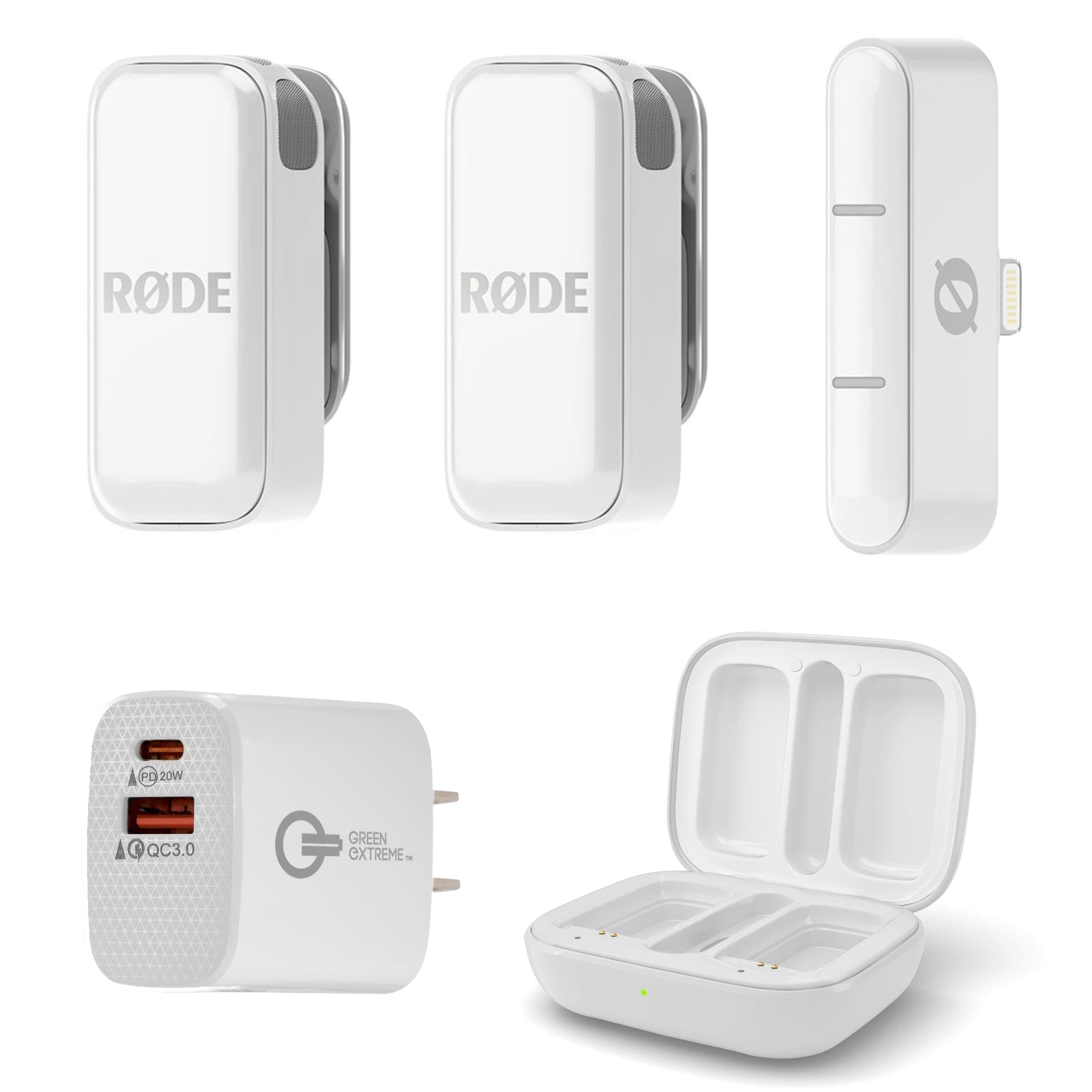 Rode Wireless Micro Ultra-Compact 2-Person Digital Wireless Microphone System with Lightning Connector, White, Bundle with Wall Charger