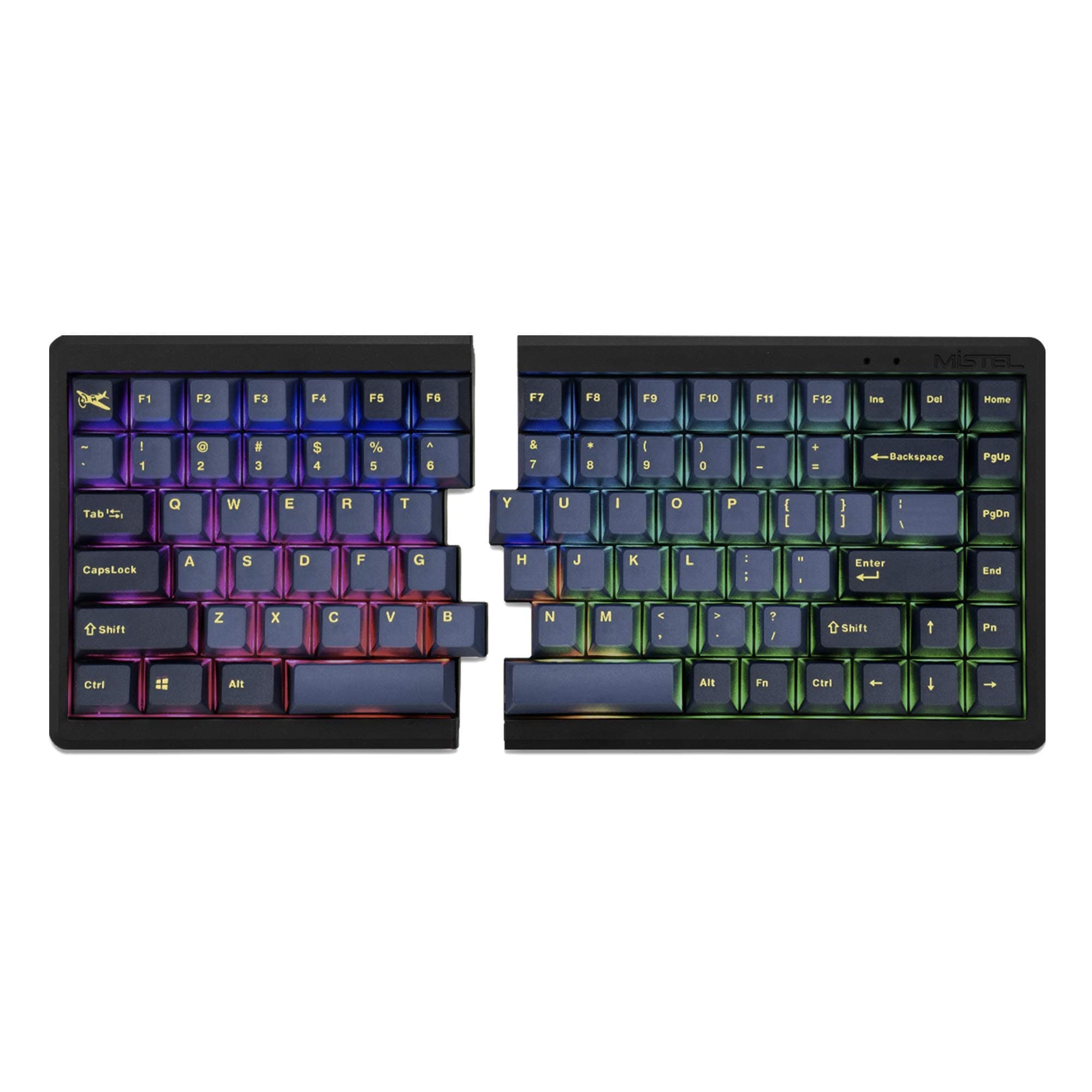 Mistel BAROCCO MD770 RGB Wired + Wireless Bluetooth TKL Split Mechanical Keyboard with Cherry MX Black Switch, Ergonomic Gaming Keyboard, Yellow Letter Glaze Blue PBT DoubleShot Keycaps, Macro Support