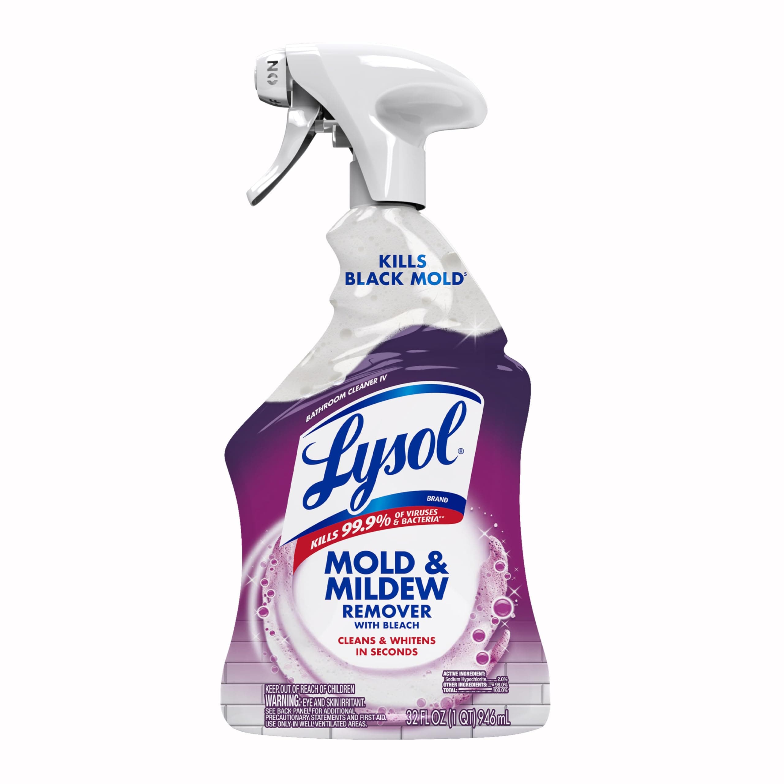 Lysol Mold & Mildew Remover Spray, Bathroom & Shower Cleaner, Disinfectant Spray, Stain Remover with Bleach, Tough on Black Mold, Multipurpose Cleaner for Home and Kitchen, 32oz