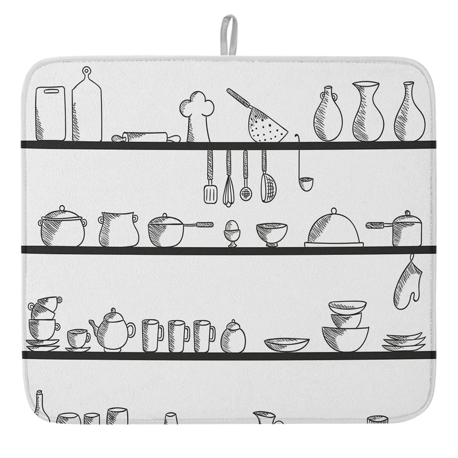 Kitchen Uutensils Dish Drying Mat for Kitchen Counter, Chef Black White Sketch Easy Clean Absorbent Kitchen Drying Mat Heat Resistant Washable Drying Pad 18x24 Inches