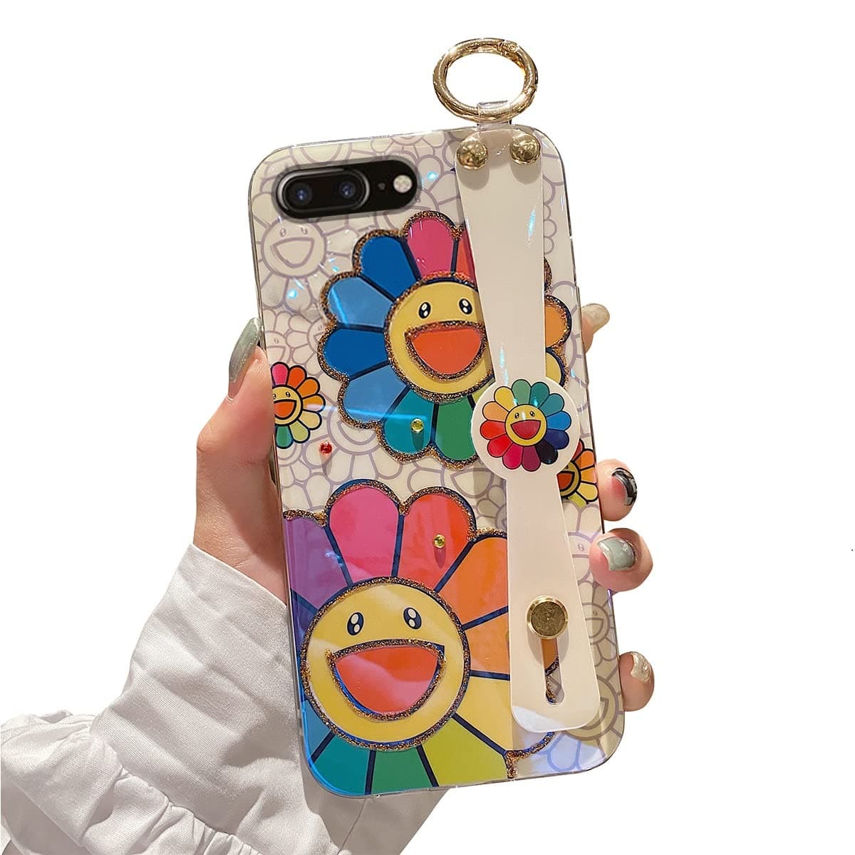 for iPhone 7 Plus Case, for iPhone 8 Plus Case Cute with Wrist Strap Kickstand Glitter Bling Cartoon IMD Soft TPU Shockproof Protective Cases Cover for Girls and Women - Sunflower