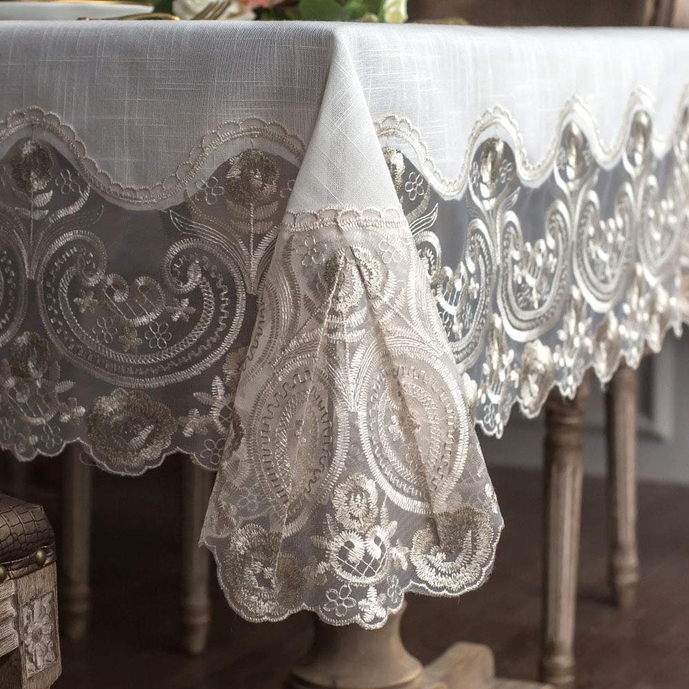 ARTABLE Lace Rectangular Tablecloths with Exquisite Macrame Border Clear Embroidered Kitchen Holidays Fabric Tablecloth (Beige, 60 x 120 Inch)