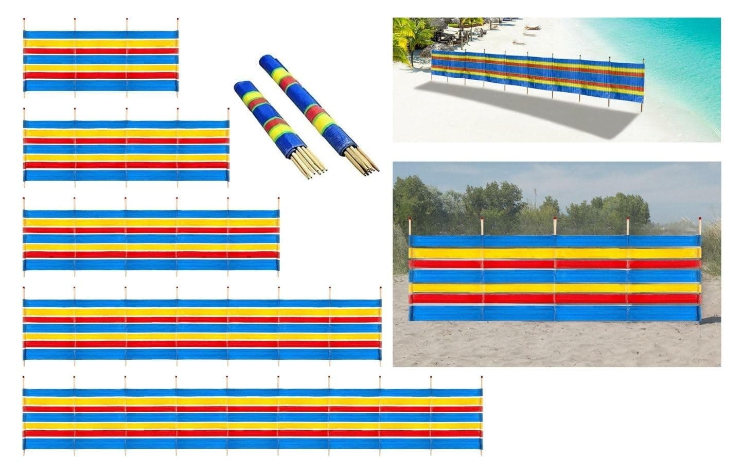 Multi-Coloured Wind Breaks, 4 5 6 8 and 10 Wooden Pole Bright Wind Breakers Camping, Festival, Beach, Caravan Holiday Sun Screen Shelter