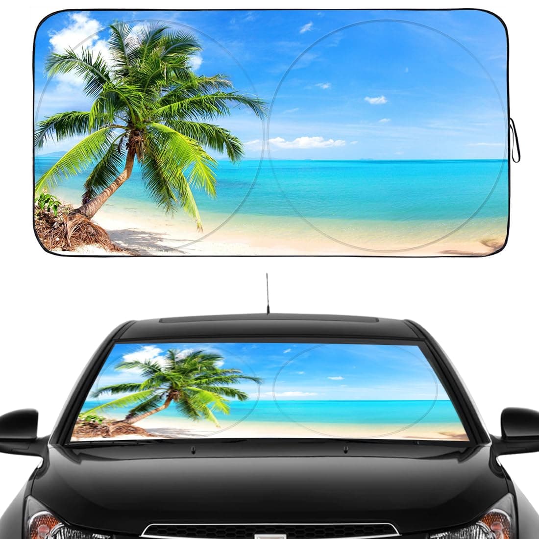 Gven Windshield Sun Shade for Car Front Window Cover Sunshades Visor Automotive Sun Shield for Full-Size Sedan & SUV, Mid-Size SUV, Sports Cars Mid-Size Pickup Truck Car Accessories (Palm Tree, L)
