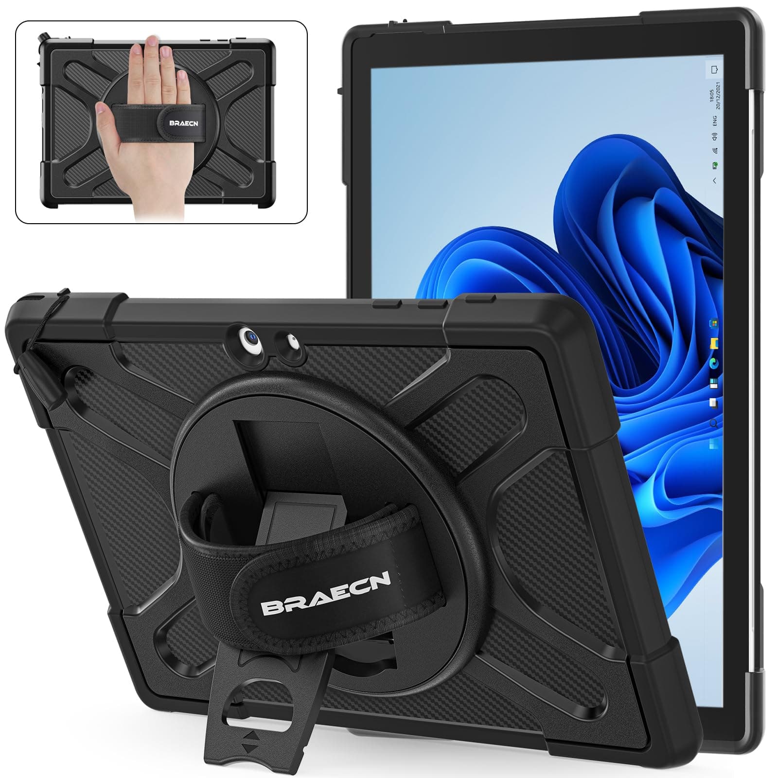 Case for Microsoft Surface Go 4 (2023) Go 3 (2021) Go 2 (2020) Go (2018) Rugged Protective Kids Case with [Rotating Hand Strap+Stand], Compatible with Type Cover Keyboard, Black