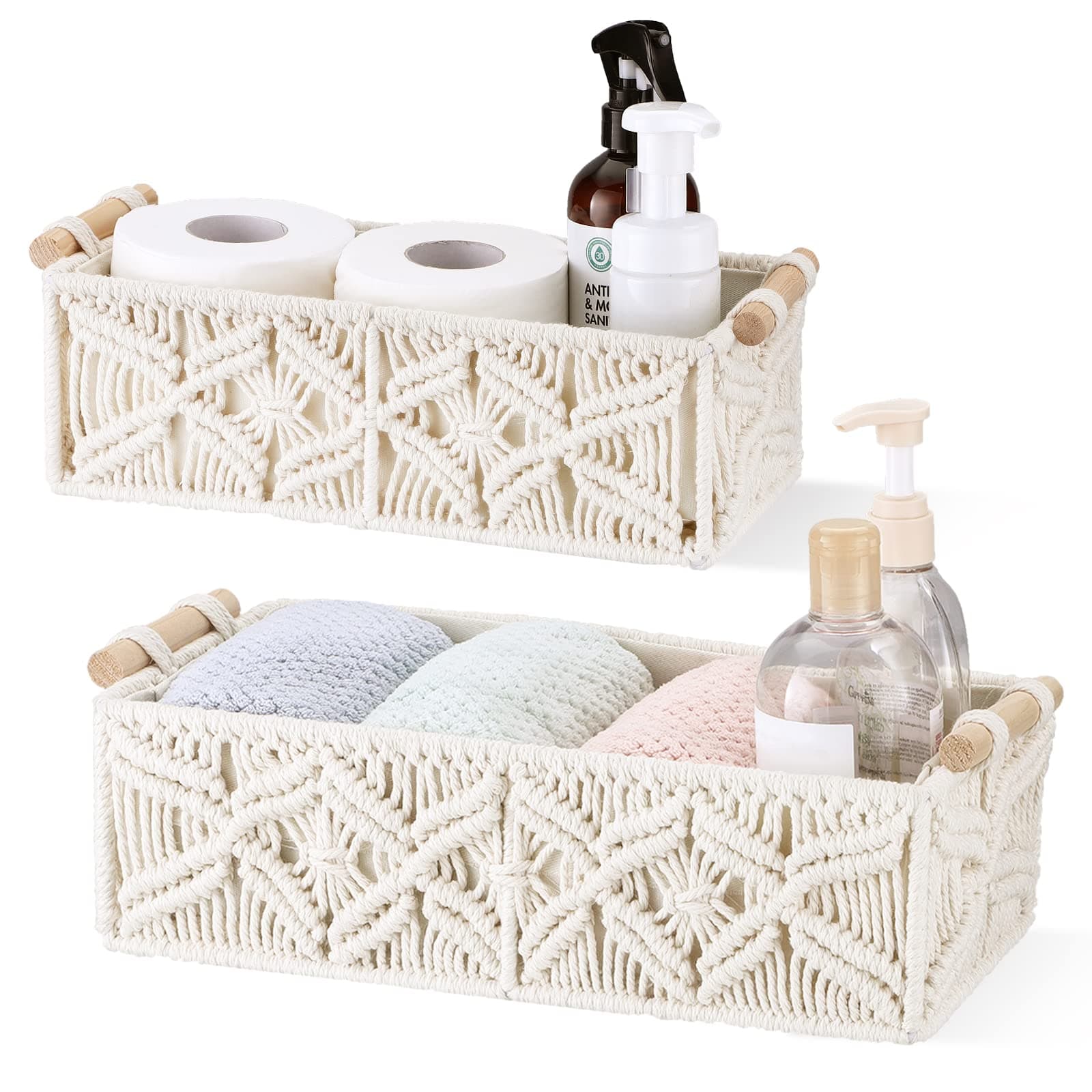 Firelex Storage Basket Boho Decor Box - 2 Pack Woven Decorative Basket for Organizing Countertop Toilet Paper Basket - Shelf Basket with Wooden Handle for Bathroom Bedroom Living Room Entryway