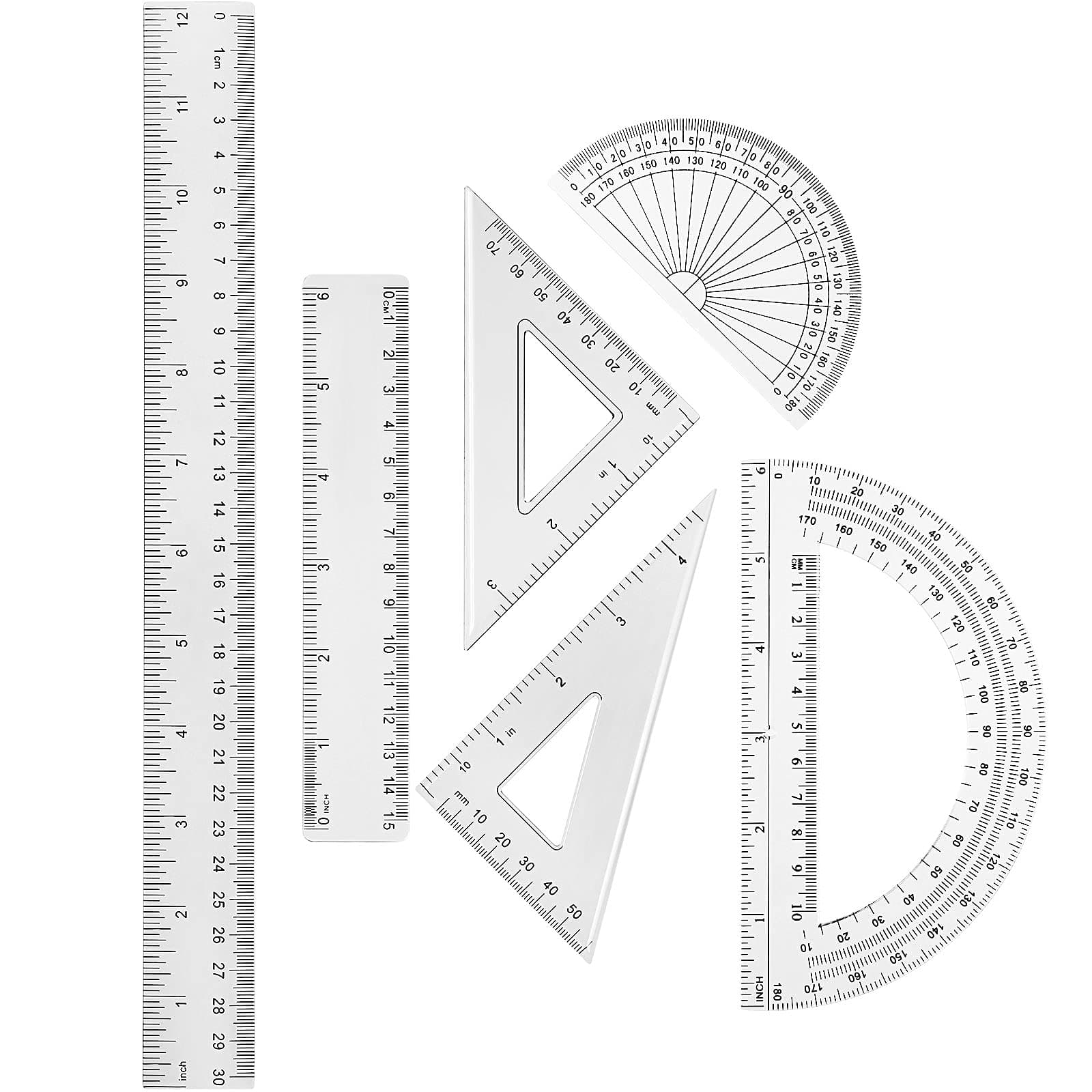 1 Set Plastic Clear Math Set Includes Protractor Triangle Rulers 12 Inch 6 Inch Straight Geometry Math Transparent Ruler Measuring Tool for School Office Home Supplies(Clear)