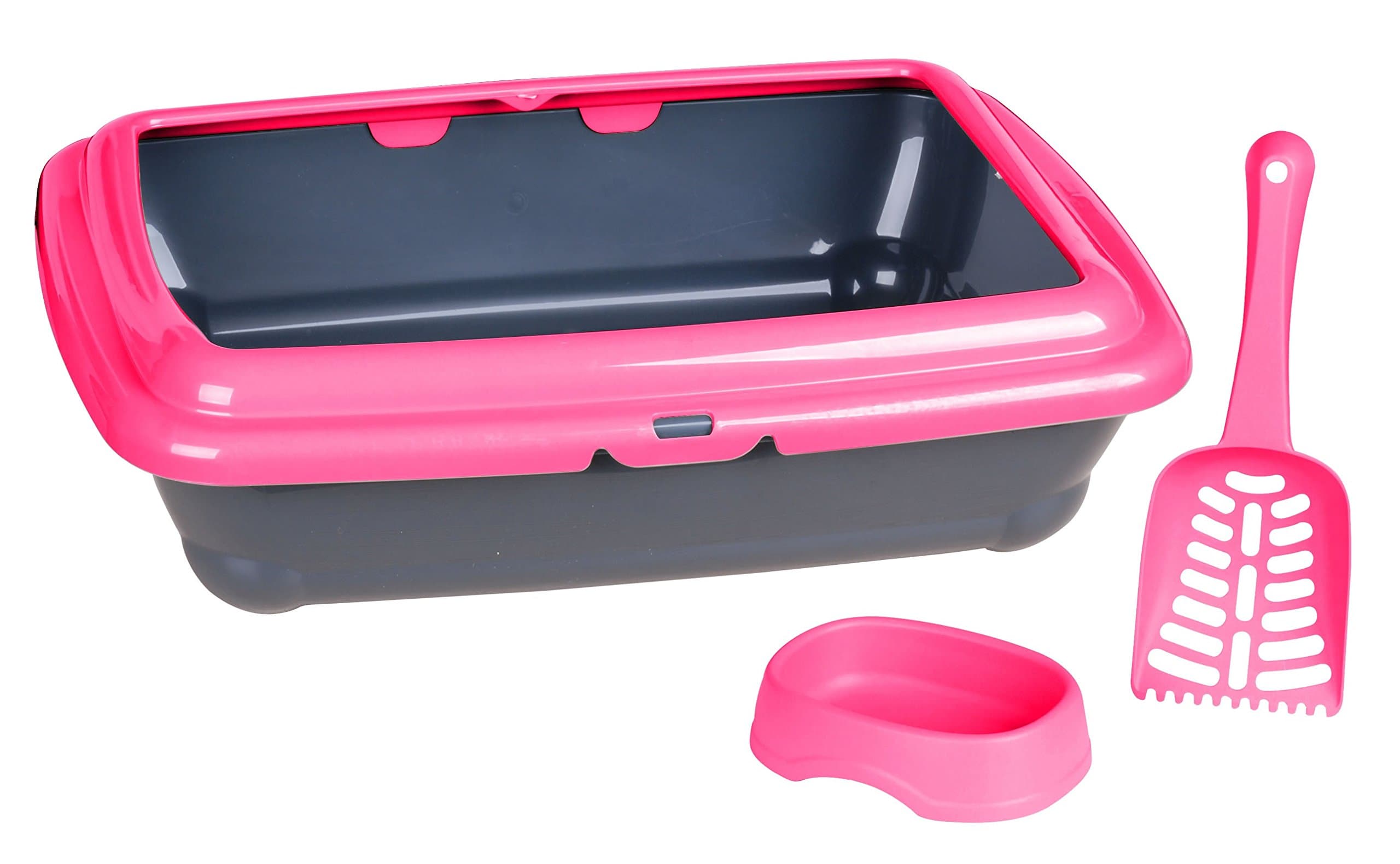 Click & Secure Basic Large Cat Litter Tray 45 x 35cm/18 x 14", Flat & Deep Rectangular Litter Box Loo with Rim, Kitty Litter Scoop and Food/Water Bowl Designed & Made in Italy for Adult Cats Pink