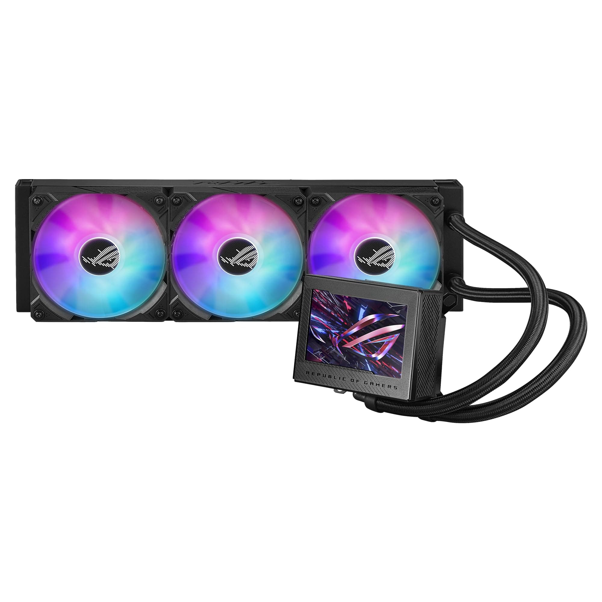 ROG Ryujin III 360 ARGB all-in-one liquid CPU cooler with 400mm radiator. Asetek 8th gen pump, 3 120mm fans, 3.5” color LCD and flagship looks, usable with Intel LGA 1700, 115x, 1200 & AM4, AM5 socket