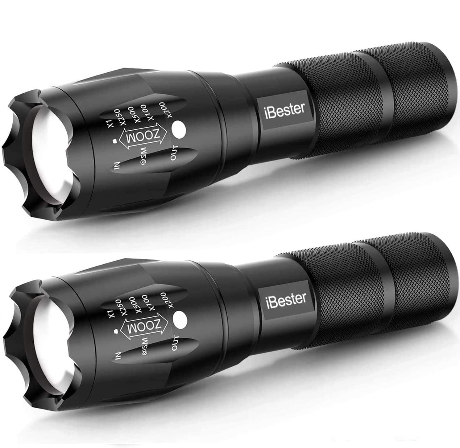 Tactical Flashlight, iBester XML-T6 LED Flashlight, High Lumen, Portable, Zoomable, 5 Modes, Water Resistant, Perfect for Camping, Outdoor, Emergency (2 Pack)