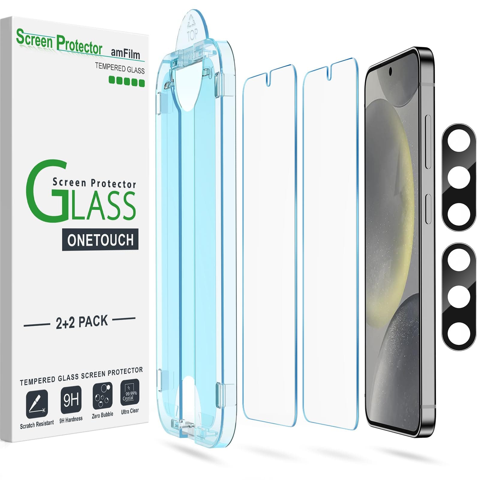 [2+2 Pack] One Touch Tempered Glass Screen Protector for Samsung Galaxy S24 6.2 with Inch Camera Lens Protector, 9H Hardness, Easy Installation, Bubble Free, Case Friendly
