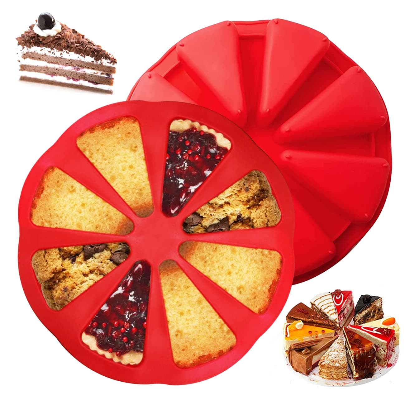 Silicone Bake Ware Large Round 8 Triangle Cavity Cake Pan Mold Silicone Portion Cake Molds Soap Mould Pizza Pan, 27x27x5 cm （2pcs）