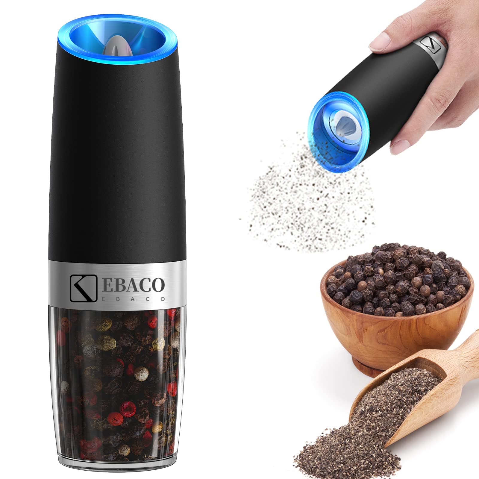 Ebaco Gravity Electric Salt and Pepper Grinder-Automatic Pepper Mill Battery Operated Grinder with LED Light, Refillable and Adjustable Coarseness(1PCS)