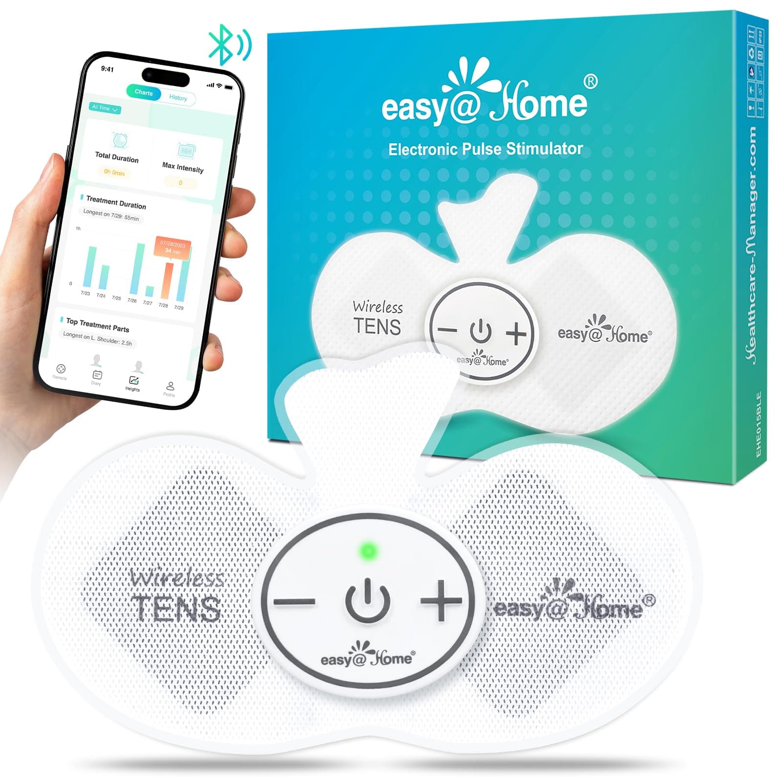 Easy@Home Wireless TENS Unit with APP Remote Control: Back Pain Relief Muscle Stimulator Massager | Powered by MyPainOff App iOS & Android App | Pain Therapy Management EHE015BLE