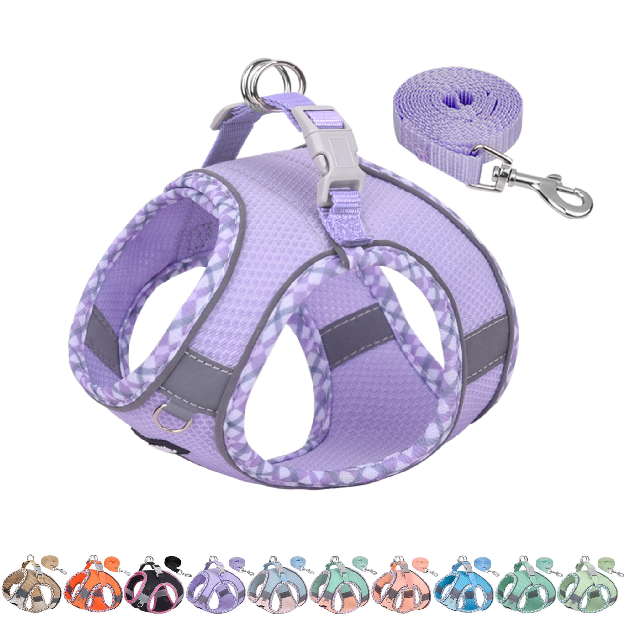 AIITLE Teacup Puppy Harness with Leash - Adjustable Soft Vest with Magic Tape & Reflective Safety Strips, Easy-Put-On for Poodles, Pomeranians - Gym, Hiking, Travel (Purple, S)