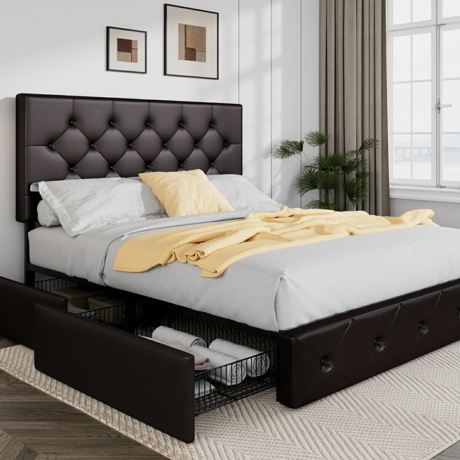 Upholstered Full Size Platform Bed Frame with 4 Storage Drawers and Headboard, Diamond Stitched Button Tufted, Mattress Foundation with Wooden Slats Support, No Box Spring Needed, Black Brown