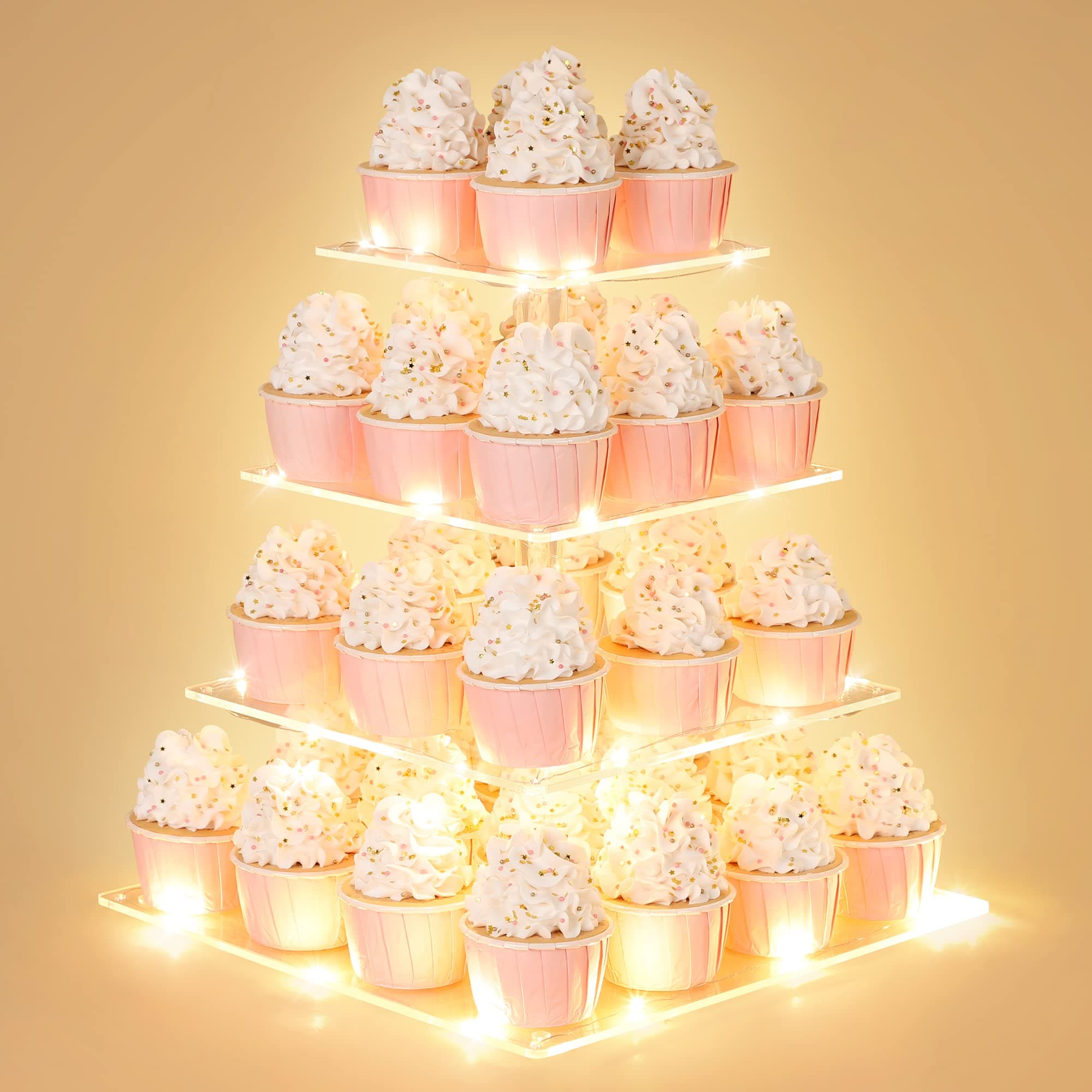 4 Tier Cupcake Stand with LED String Light, Acrylic Cupcake Display Stand, Square Cupcake Tower Holder, Cup Cake Stand for Birthday, Wedding, Baby Shower, Party