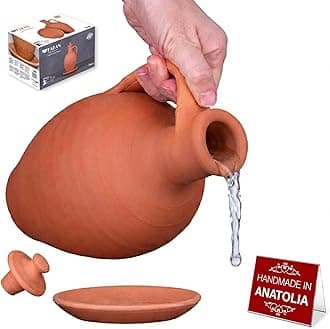 Anadolu Natural Clay Water Pitcher Set | Unglazed Terracotta Water Carafe & Plate | Traditional Small Mud Jug | Pottery Jar for Drinking Water (Small - 51 oz)